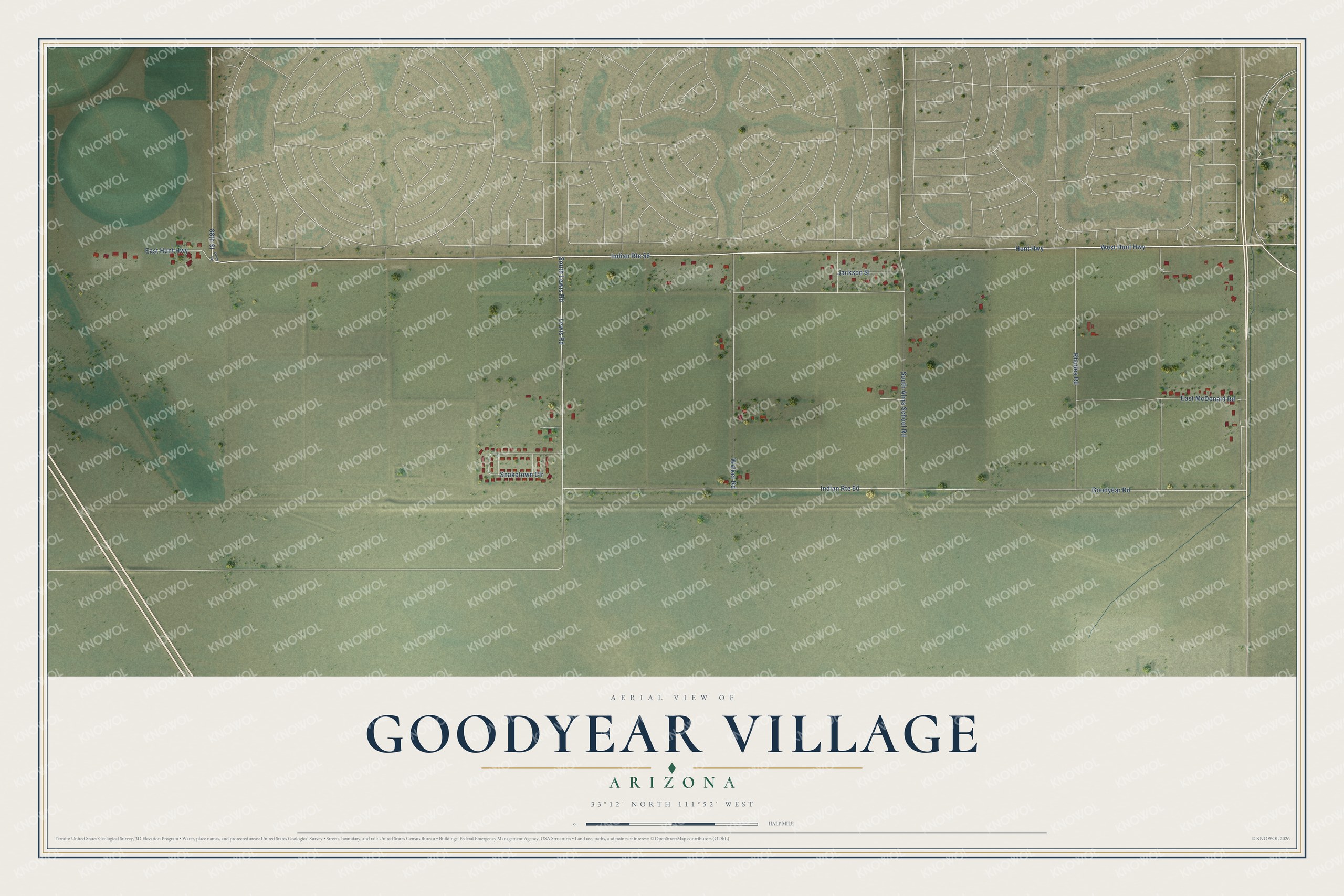 Full map of Goodyear Village, Arizona, with red buildings, printed street names and the land around them