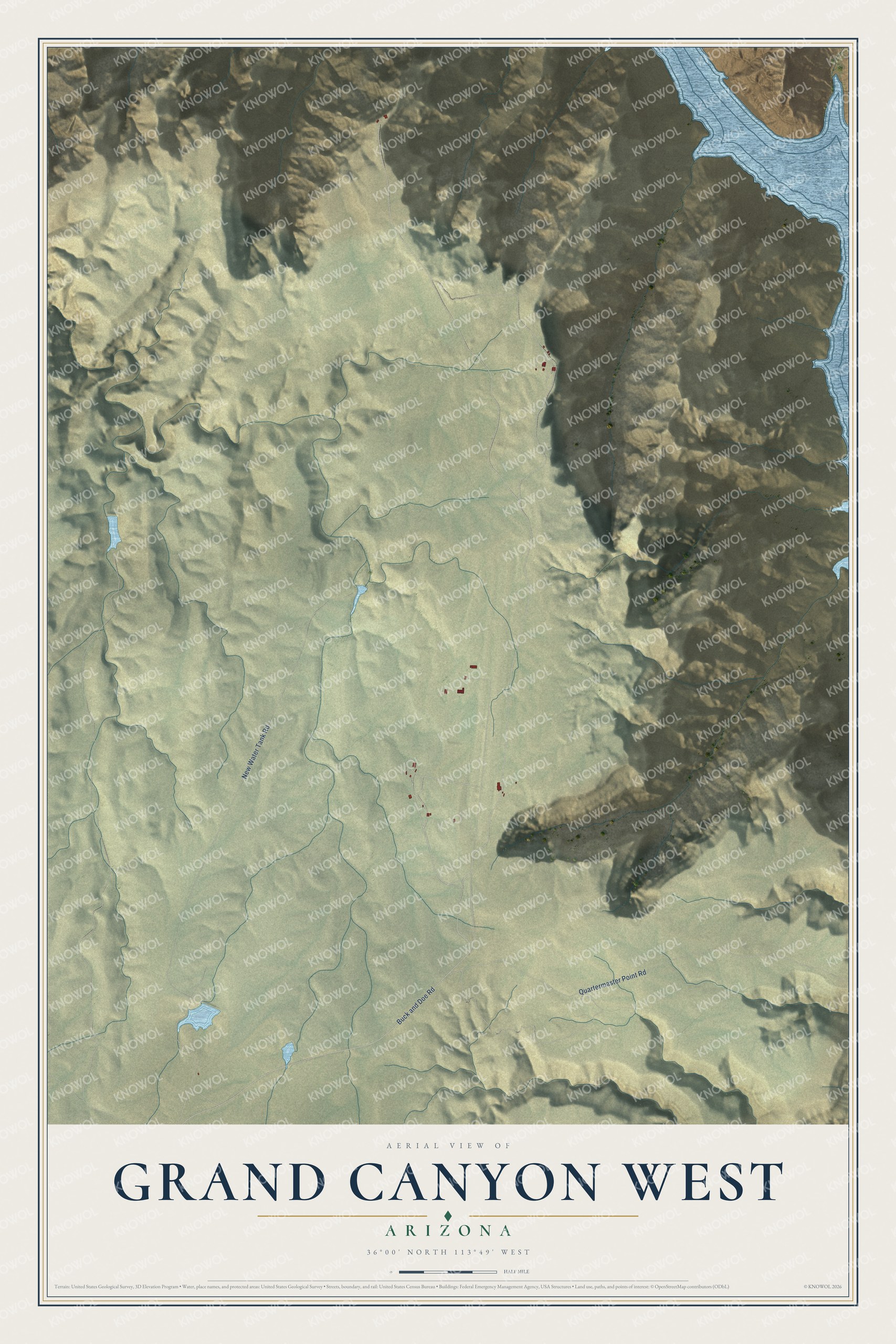 Full map of Grand Canyon West, Arizona, with red buildings, printed street names and the land around them