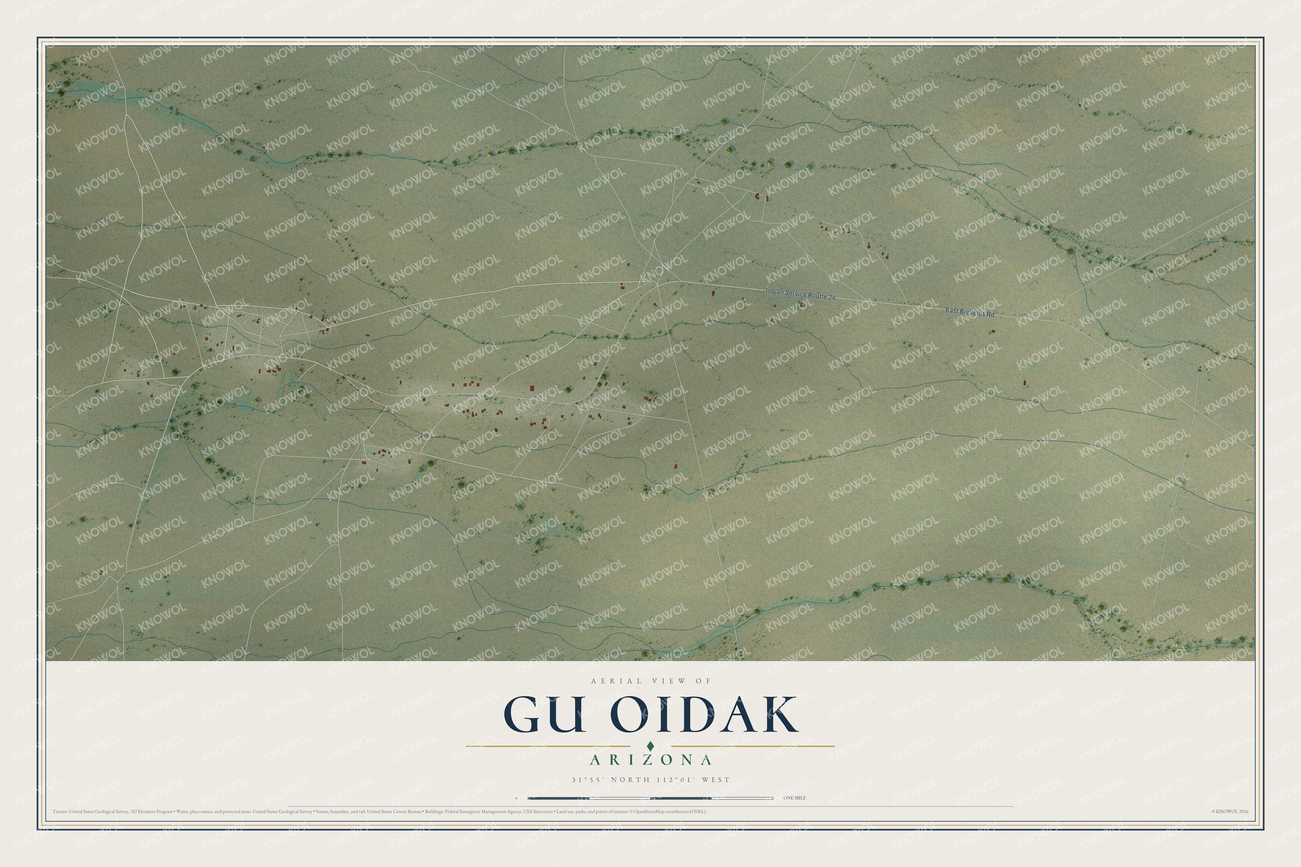 Full map of Gu Oidak, Arizona, with red buildings, printed street names and the land around them