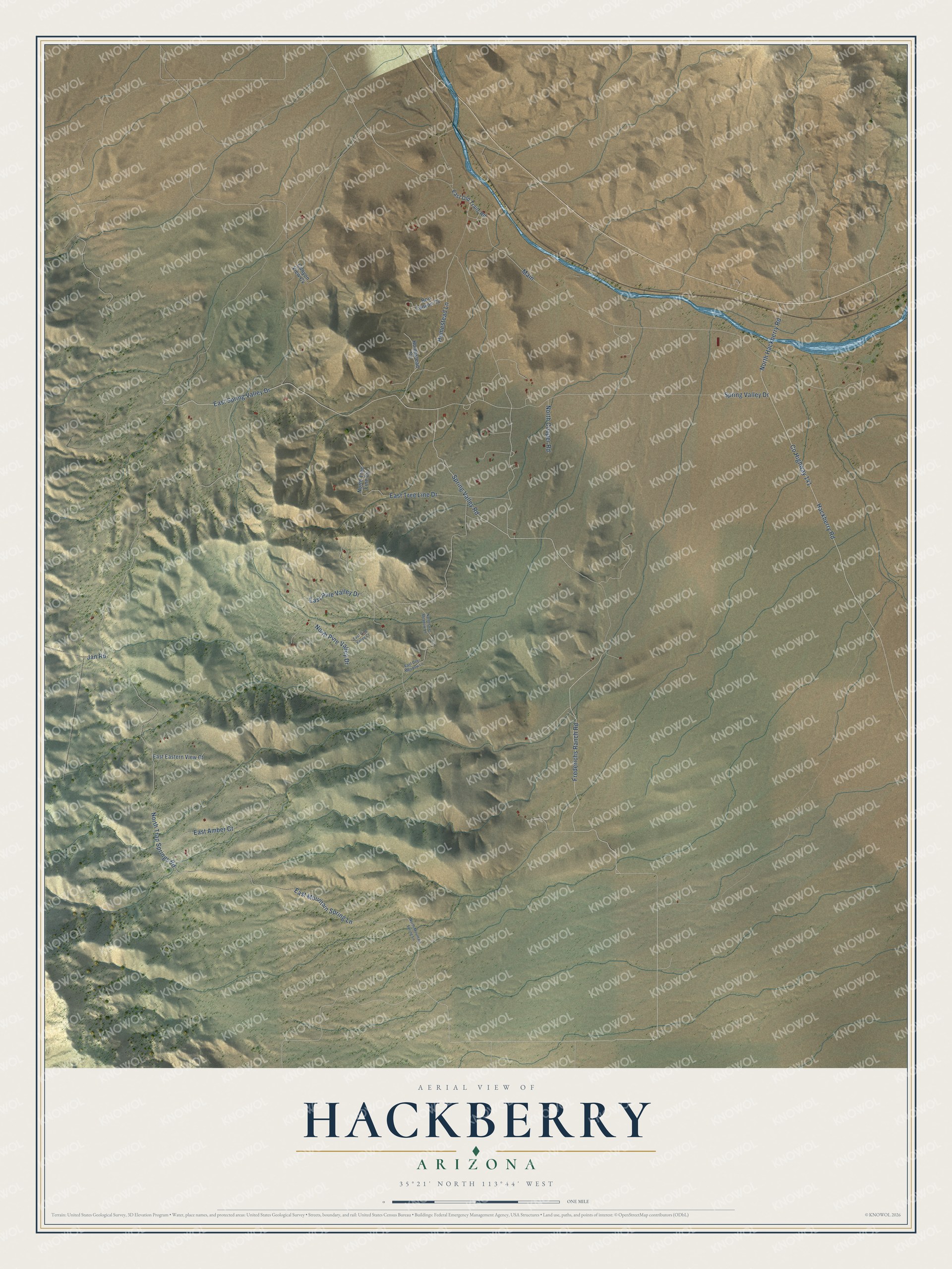 Full map of Hackberry, Arizona, with red buildings, printed street names and the land around them