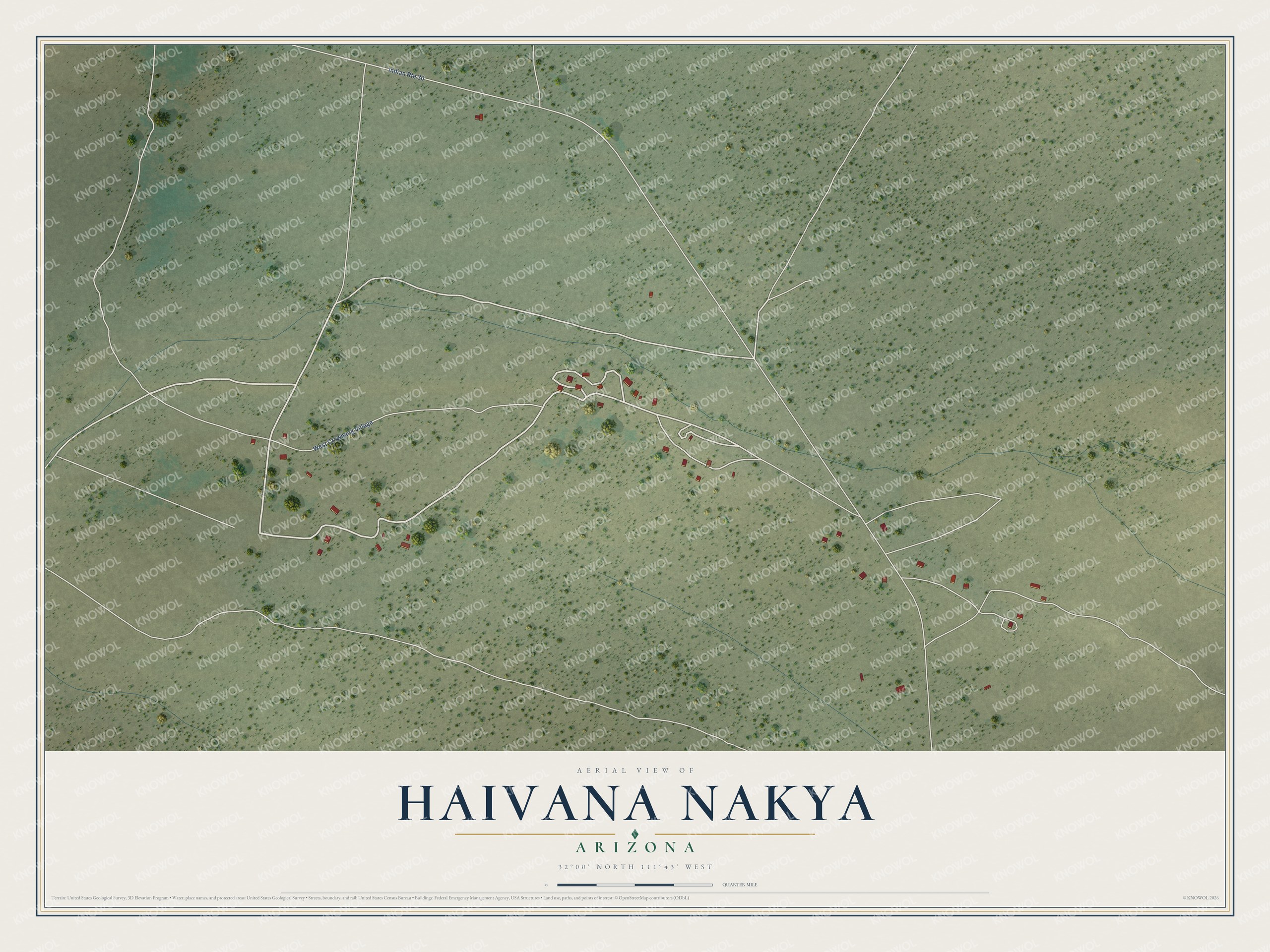 Full map of Haivana Nakya, Arizona, with red buildings, printed street names and the land around them