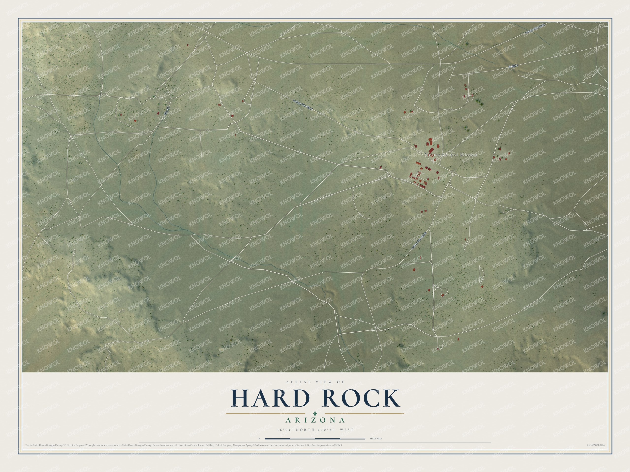 Full map of Hard Rock, Arizona, with red buildings, printed street names and the land around them