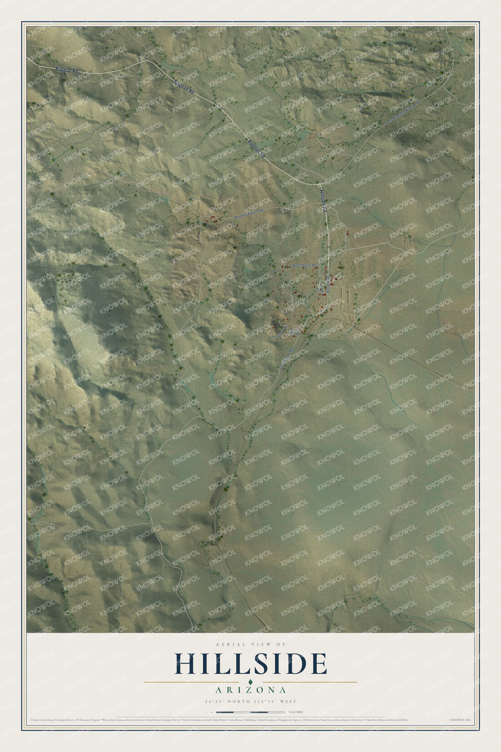 Full map of Hillside, Arizona, with red buildings, printed street names and the land around them