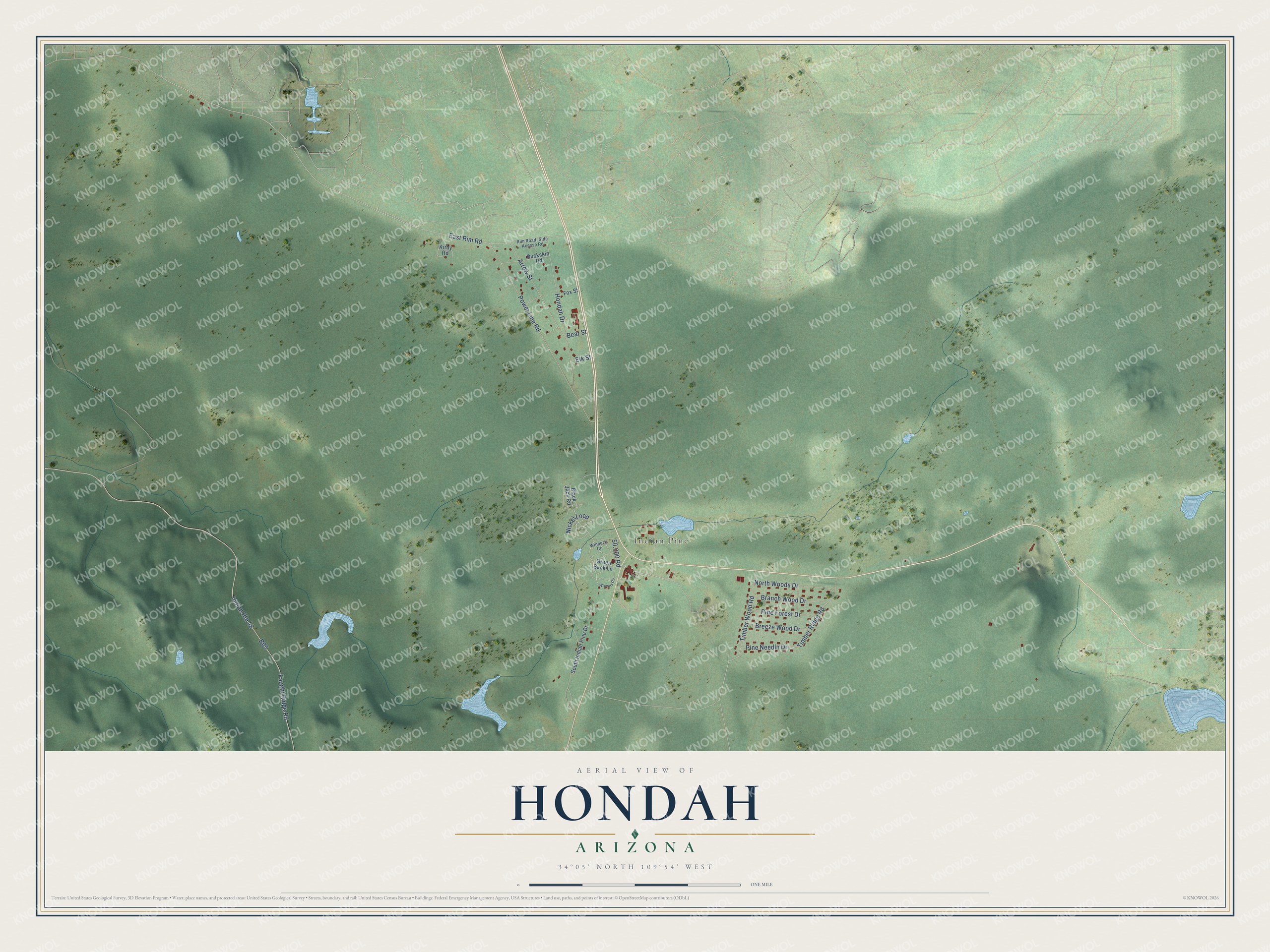 Full map of Hondah, Arizona, with red buildings, printed street names and the land around them