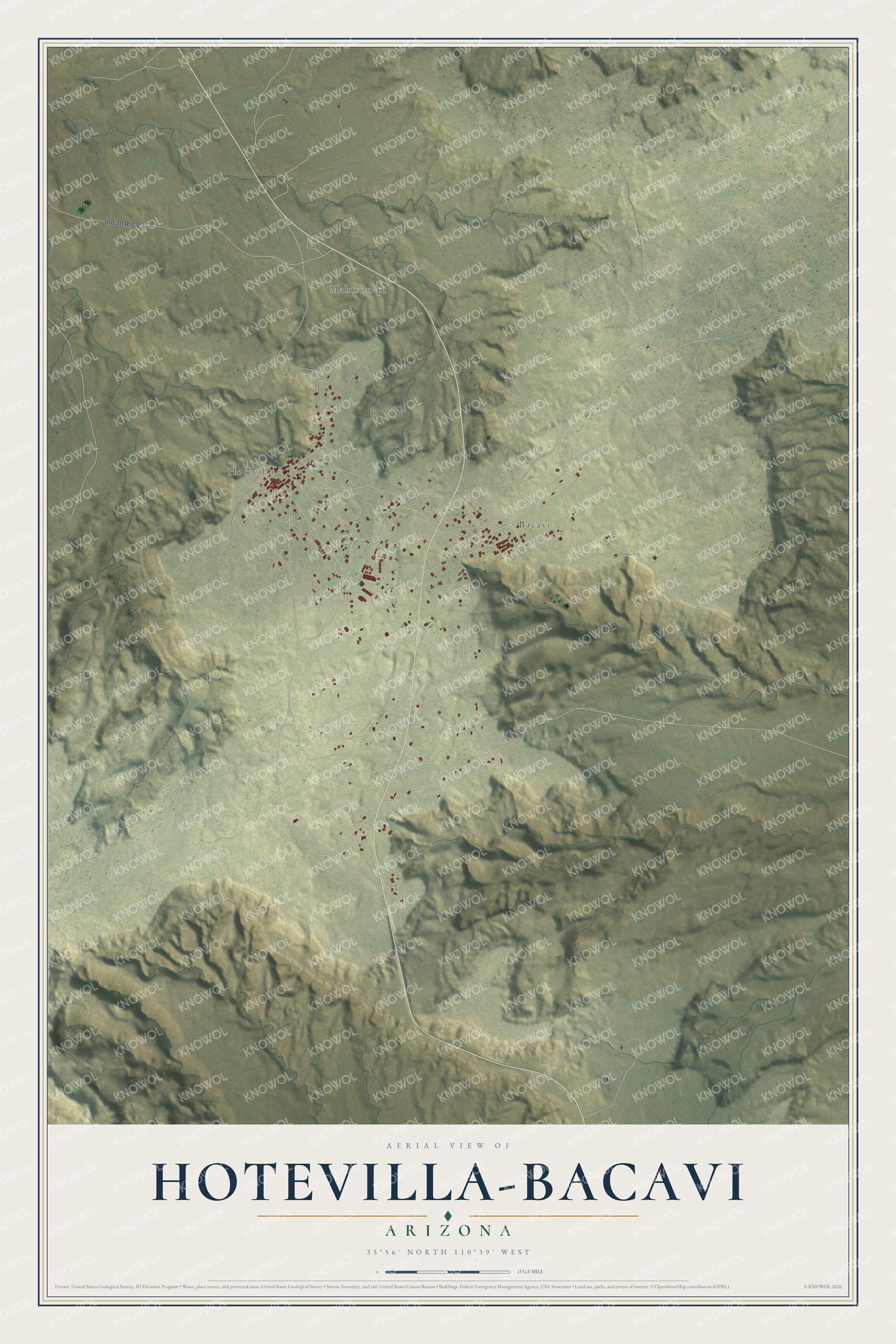 Full map of Hotevilla-Bacavi, Arizona, with red buildings, printed street names and the land around them