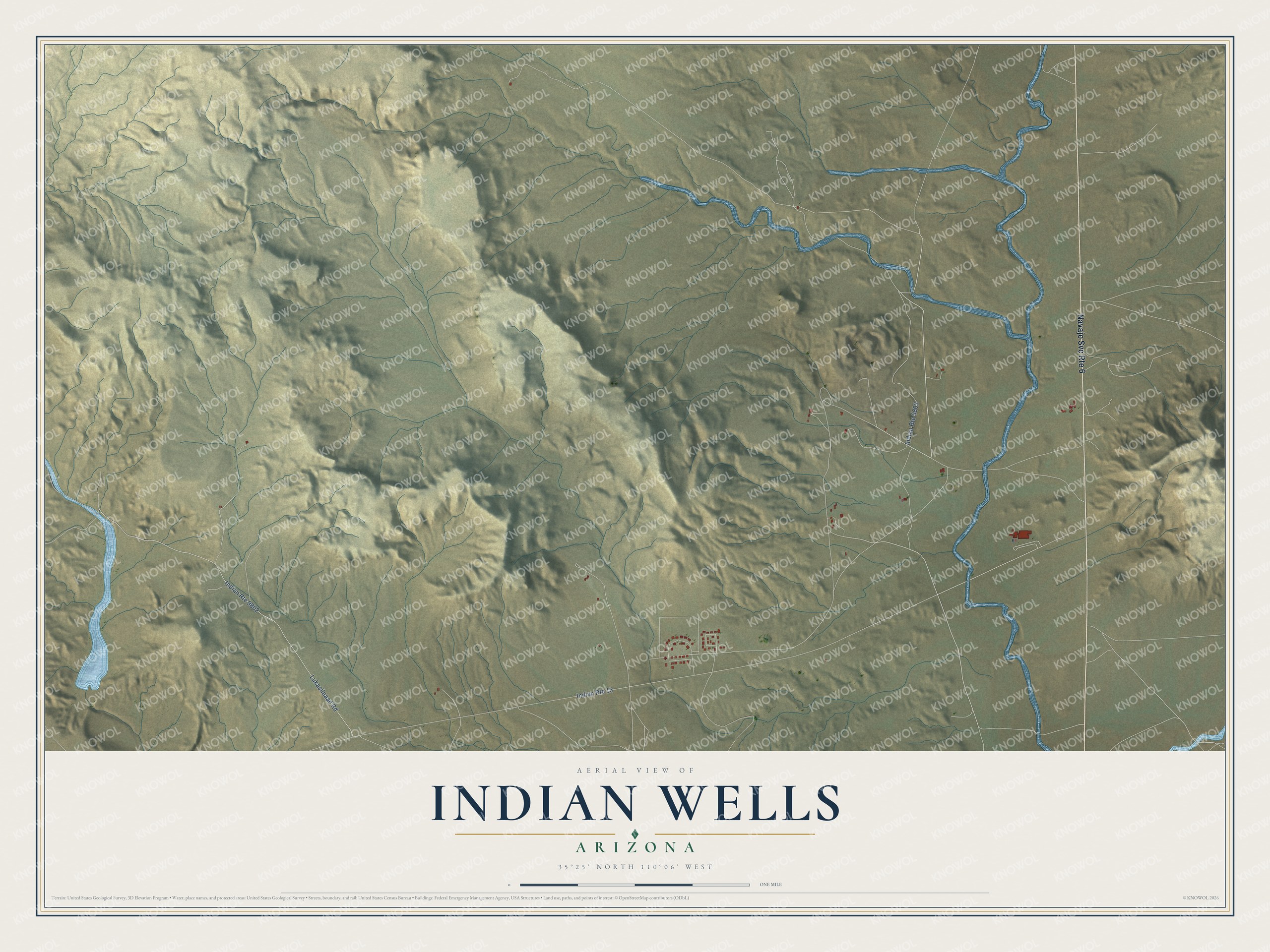 Full map of Indian Wells, Arizona, with red buildings, printed street names and the land around them