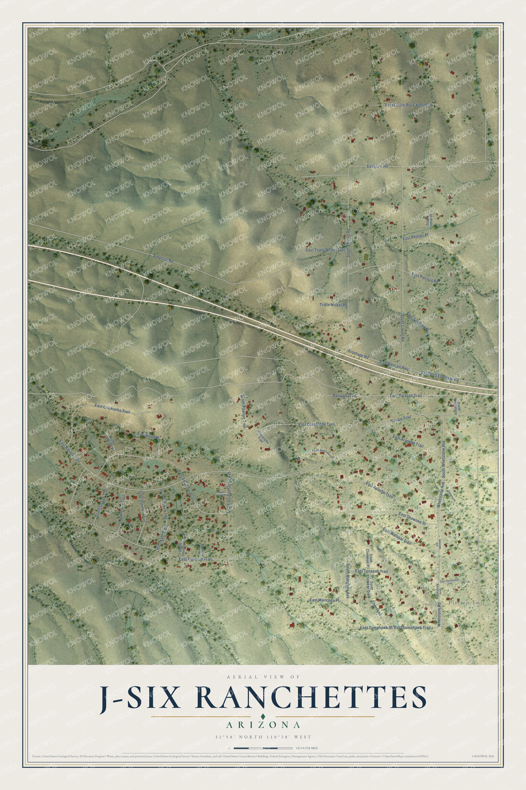 Full map of J-Six Ranchettes, Arizona, with red buildings, printed street names and the land around them