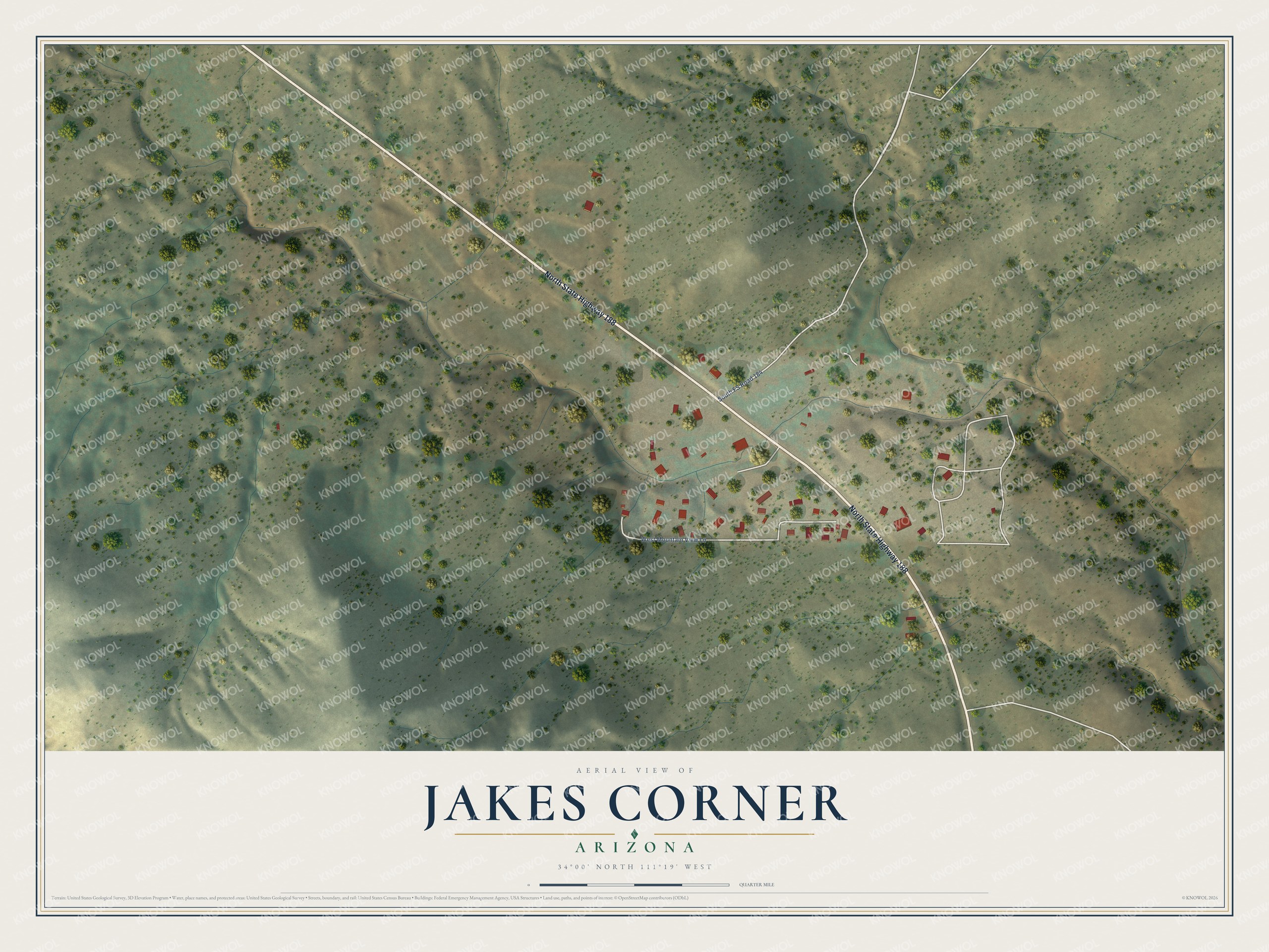 Full map of Jakes Corner, Arizona, with red buildings, printed street names and the land around them
