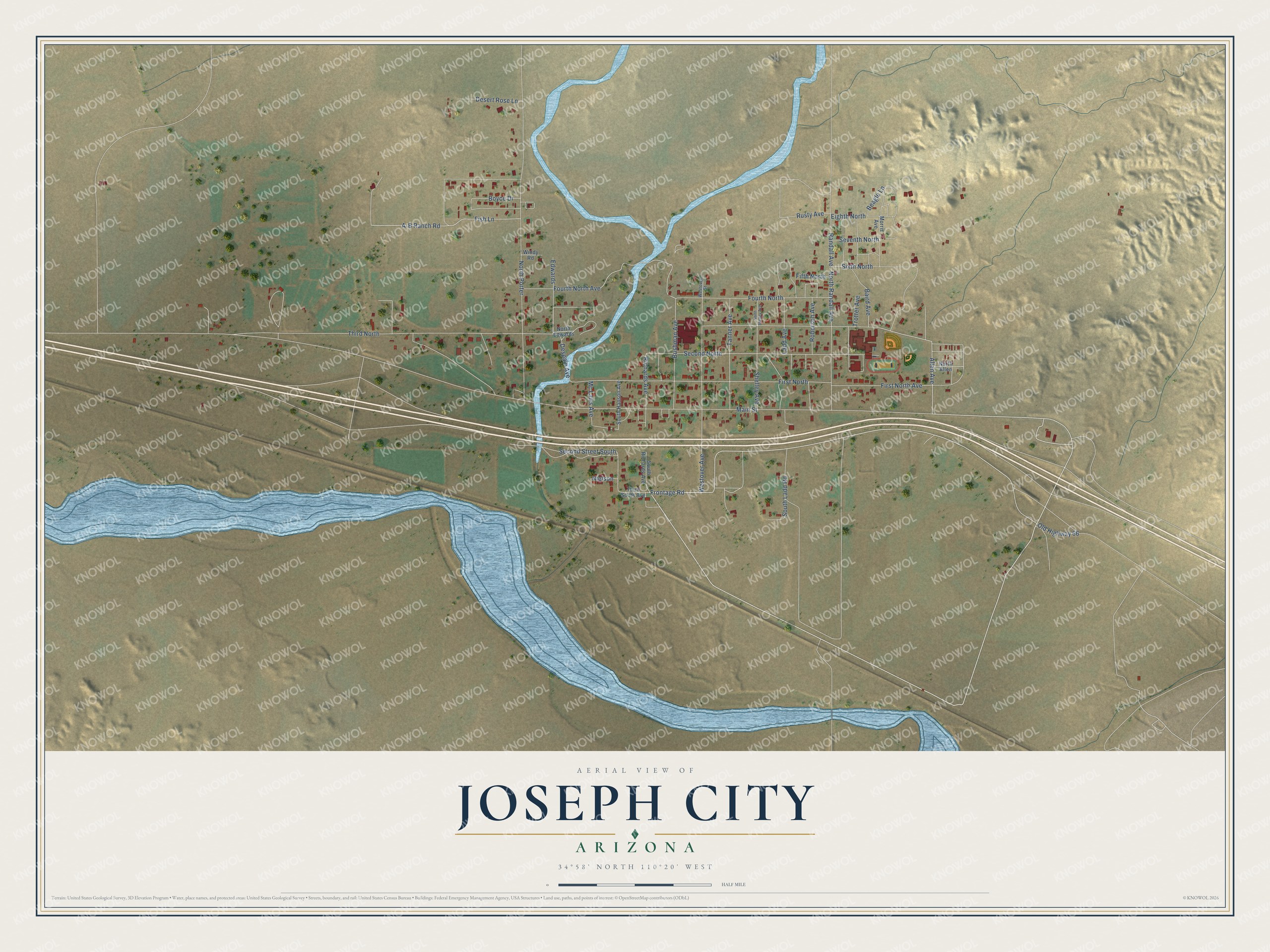 Full map of Joseph City, Arizona, with red buildings, printed street names and the land around them