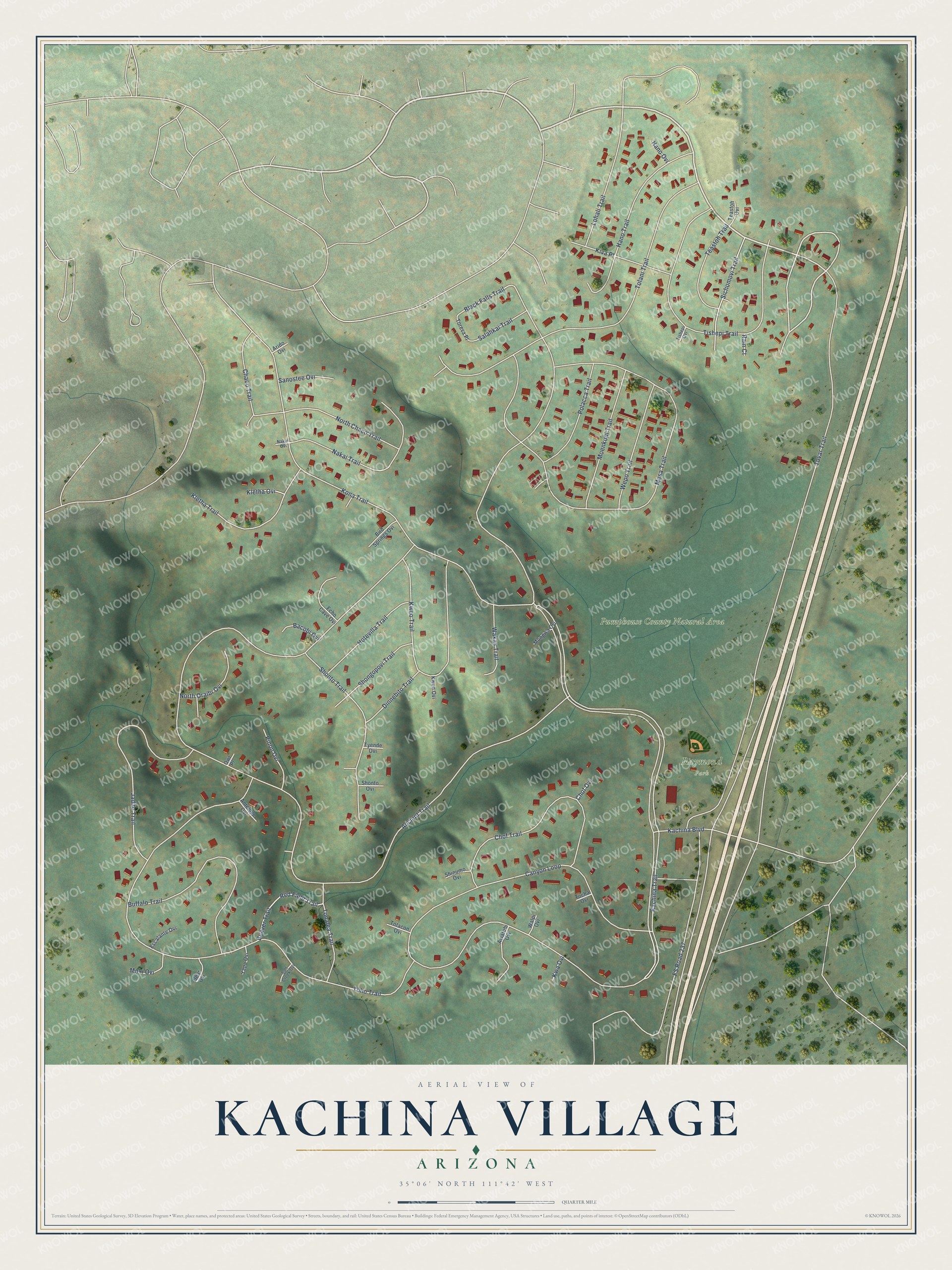 Full map of Kachina Village, Arizona, with red buildings, printed street names and the land around them