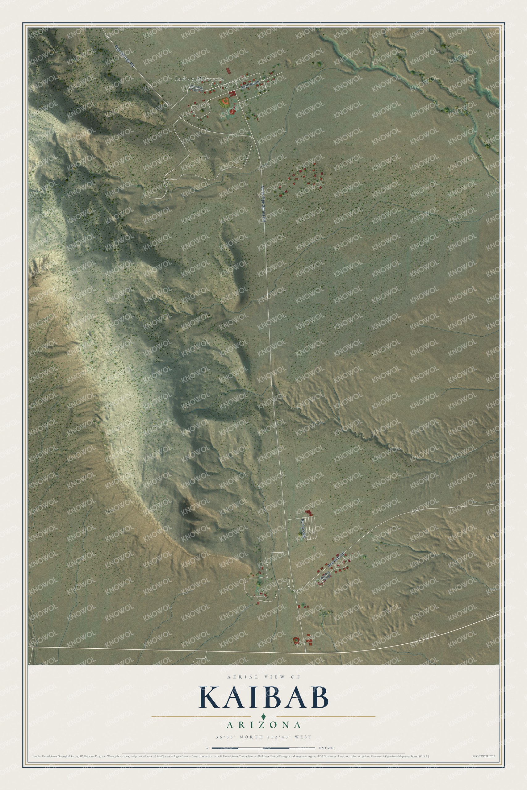 Full map of Kaibab, Arizona, with red buildings, printed street names and the land around them
