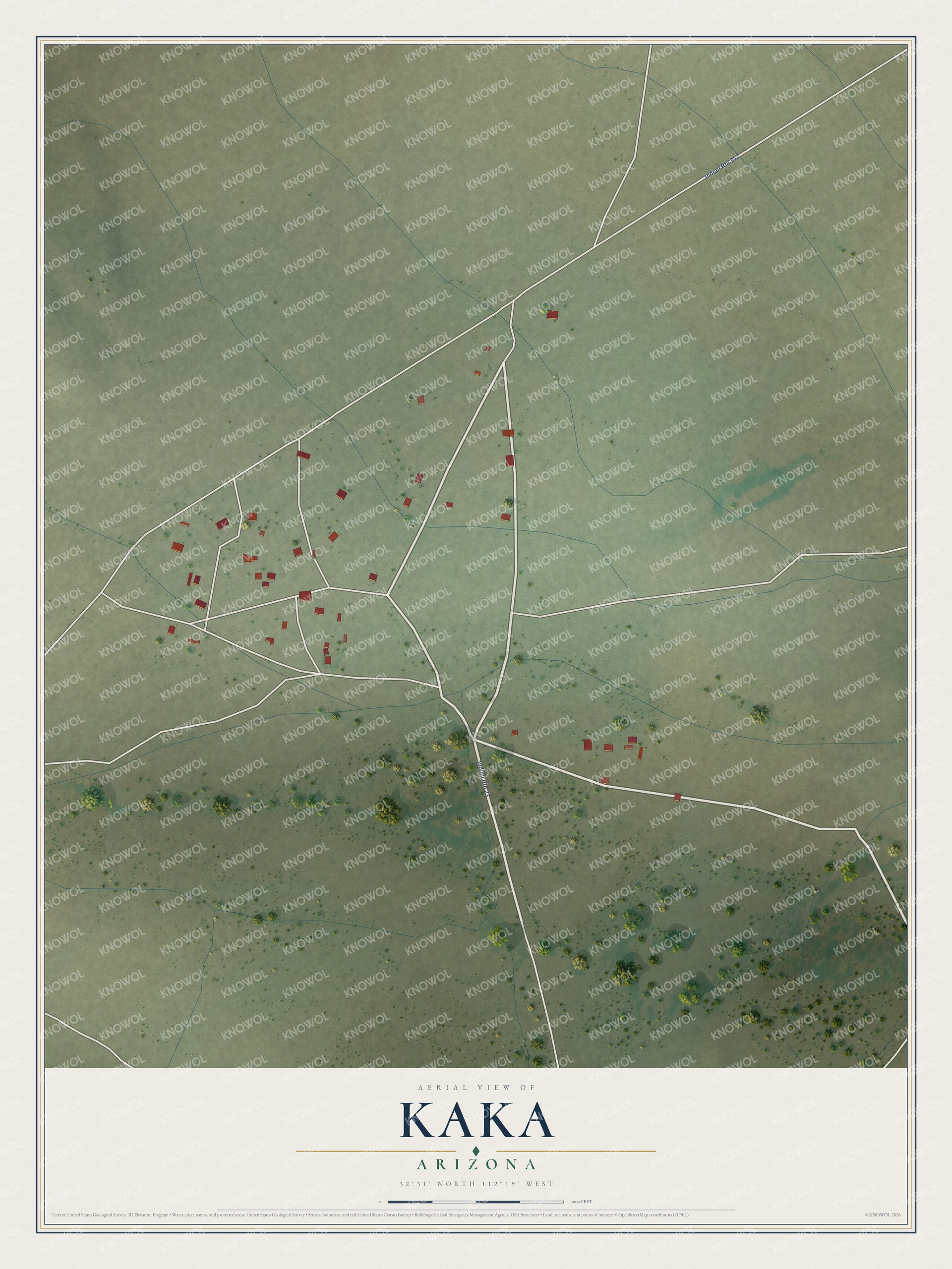 Full map of Kaka, Arizona, with red buildings, printed street names and the land around them