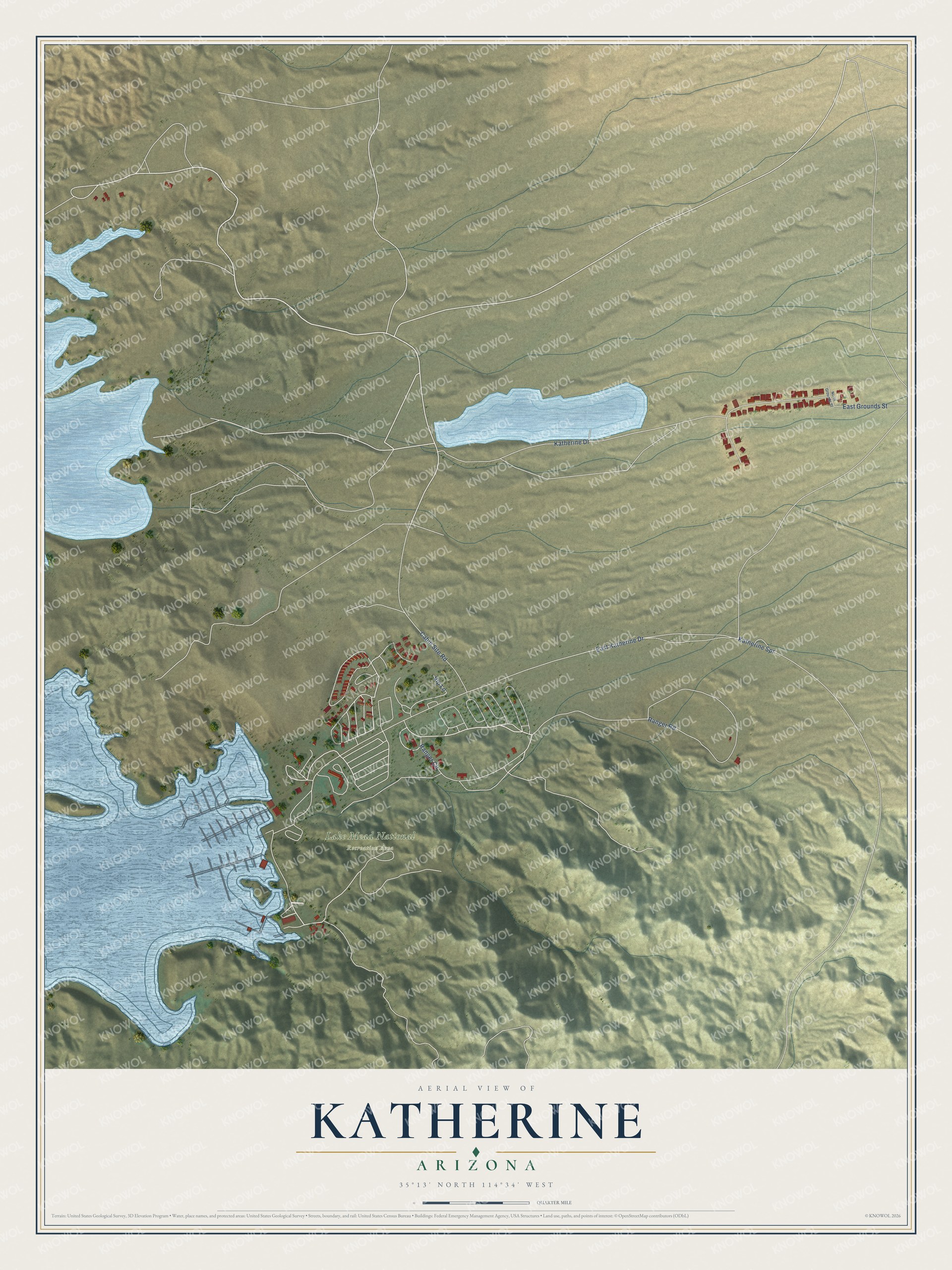 Full map of Katherine, Arizona, with red buildings, printed street names and the land around them
