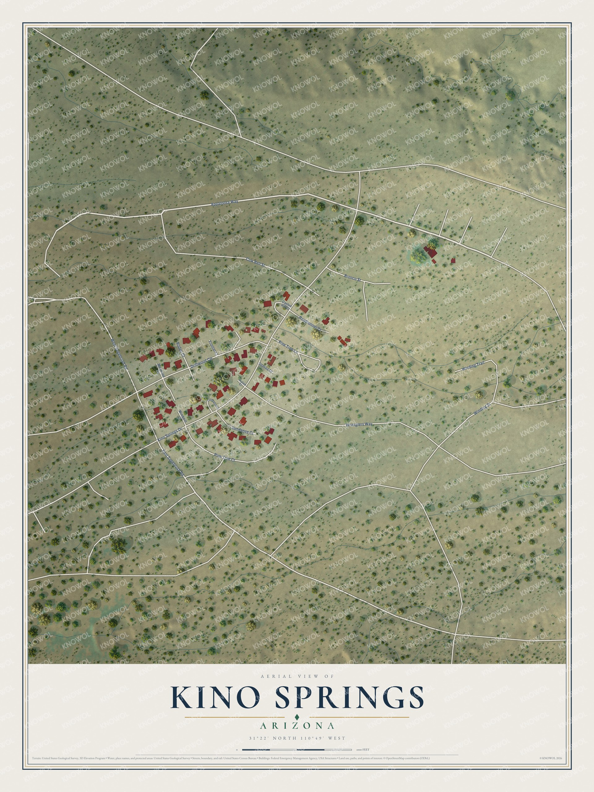 Full map of Kino Springs, Arizona, with red buildings, printed street names and the land around them