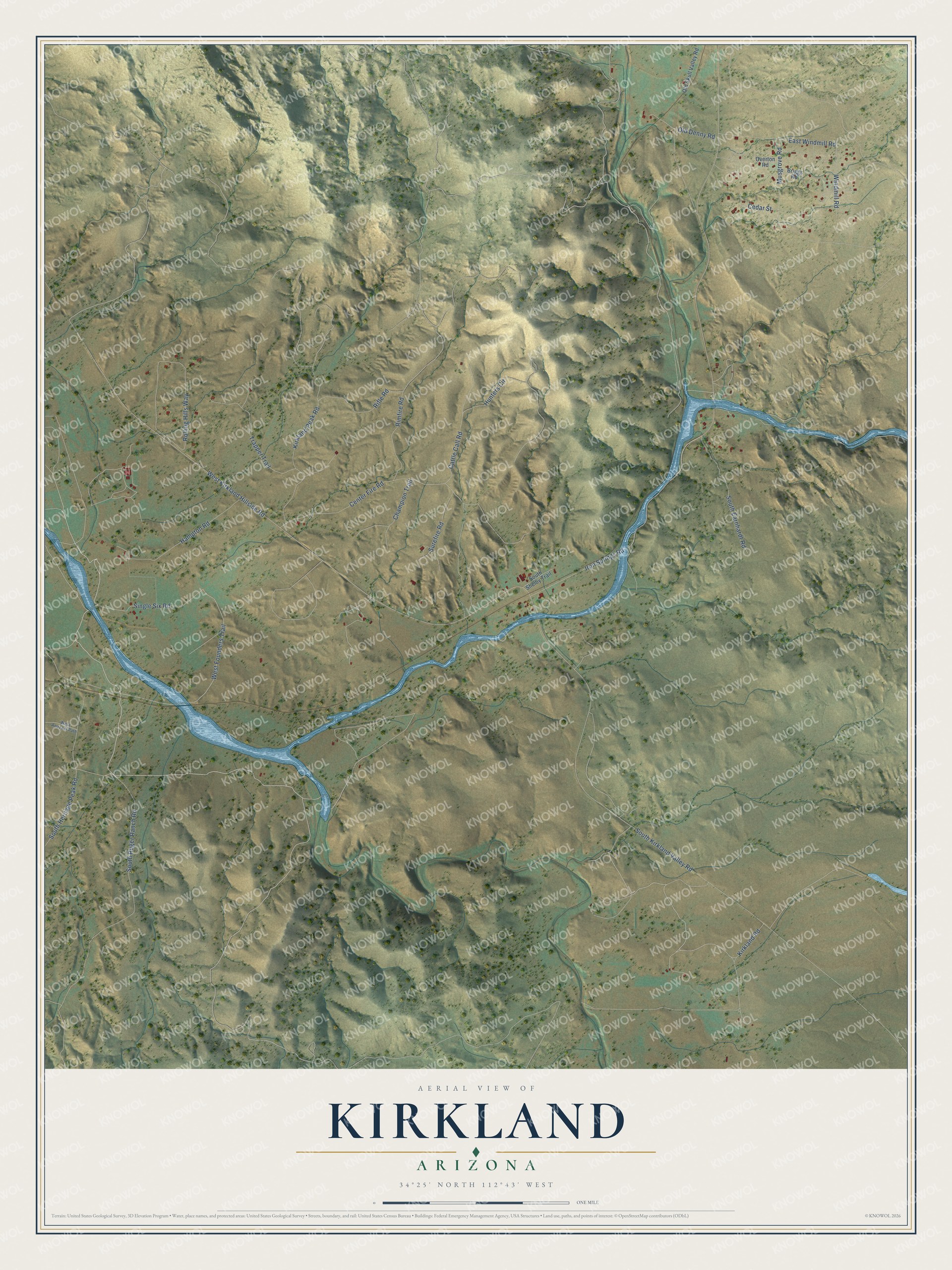 Full map of Kirkland, Arizona, with red buildings, printed street names and the land around them
