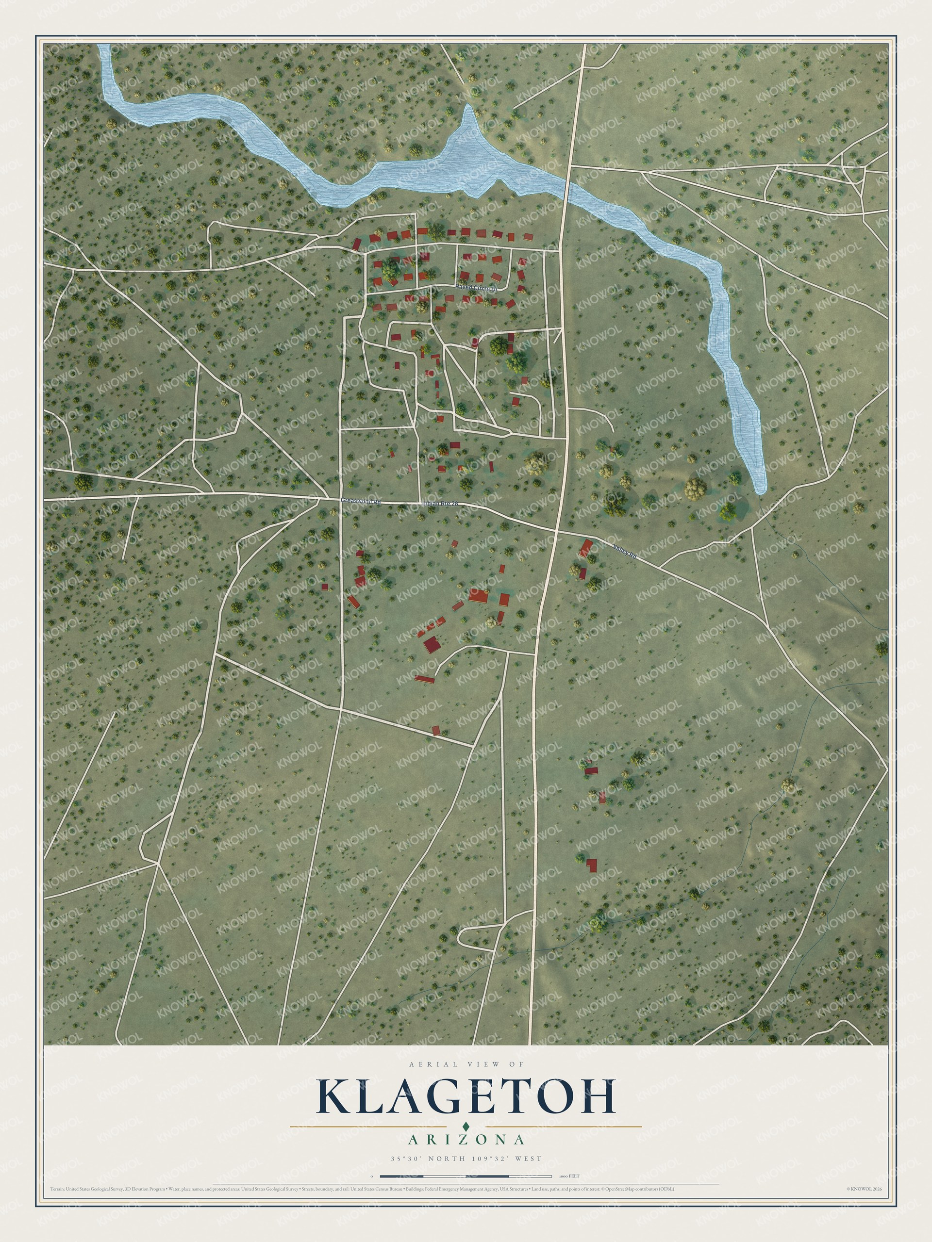 Full map of Klagetoh, Arizona, with red buildings, printed street names and the land around them