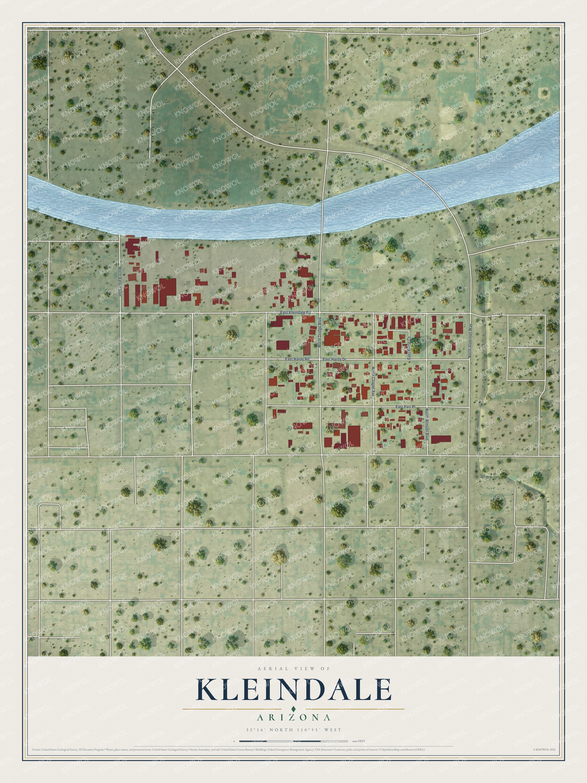 Full map of Kleindale, Arizona, with red buildings, printed street names and the land around them