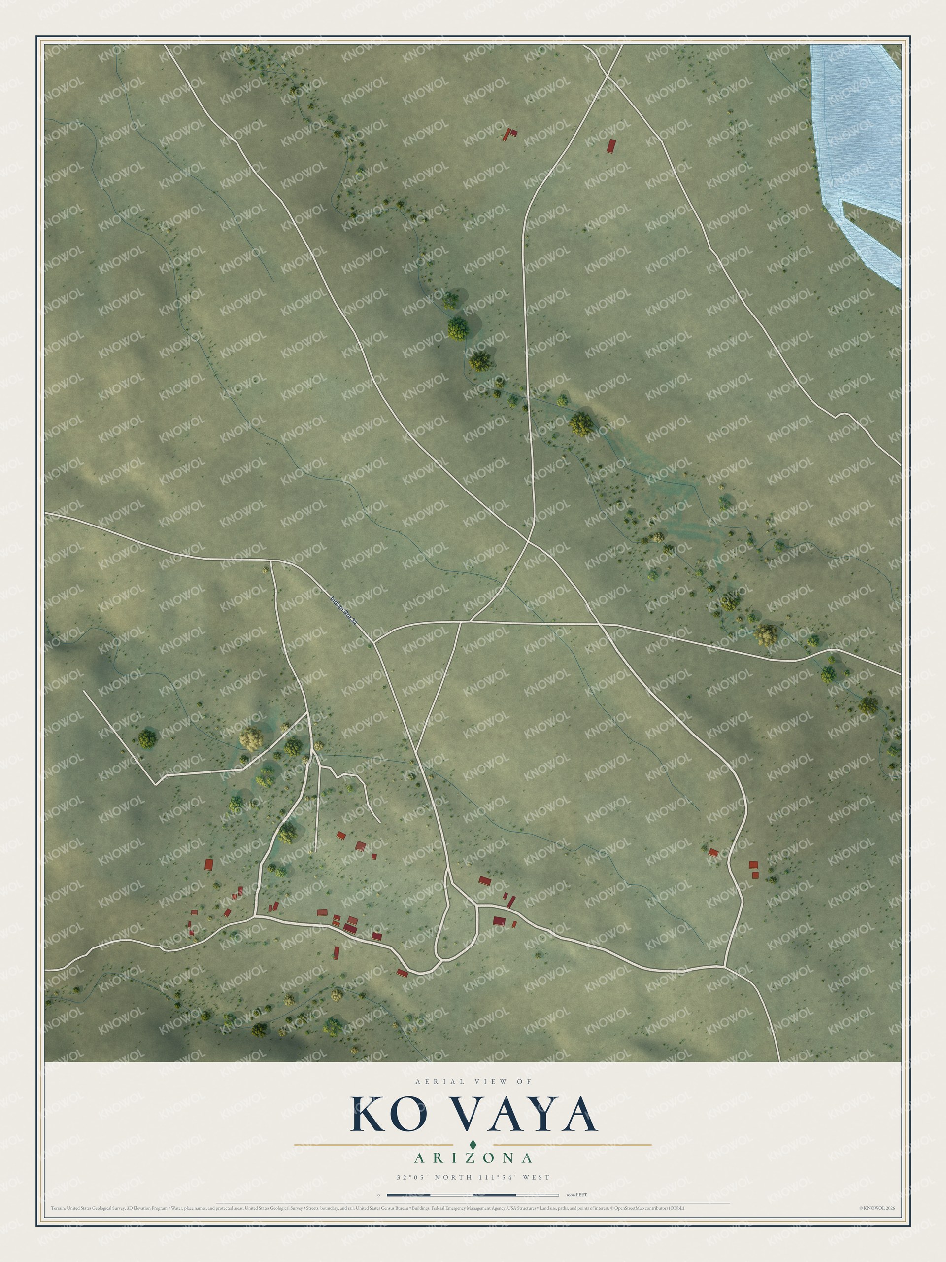 Full map of Ko Vaya, Arizona, with red buildings, printed street names and the land around them