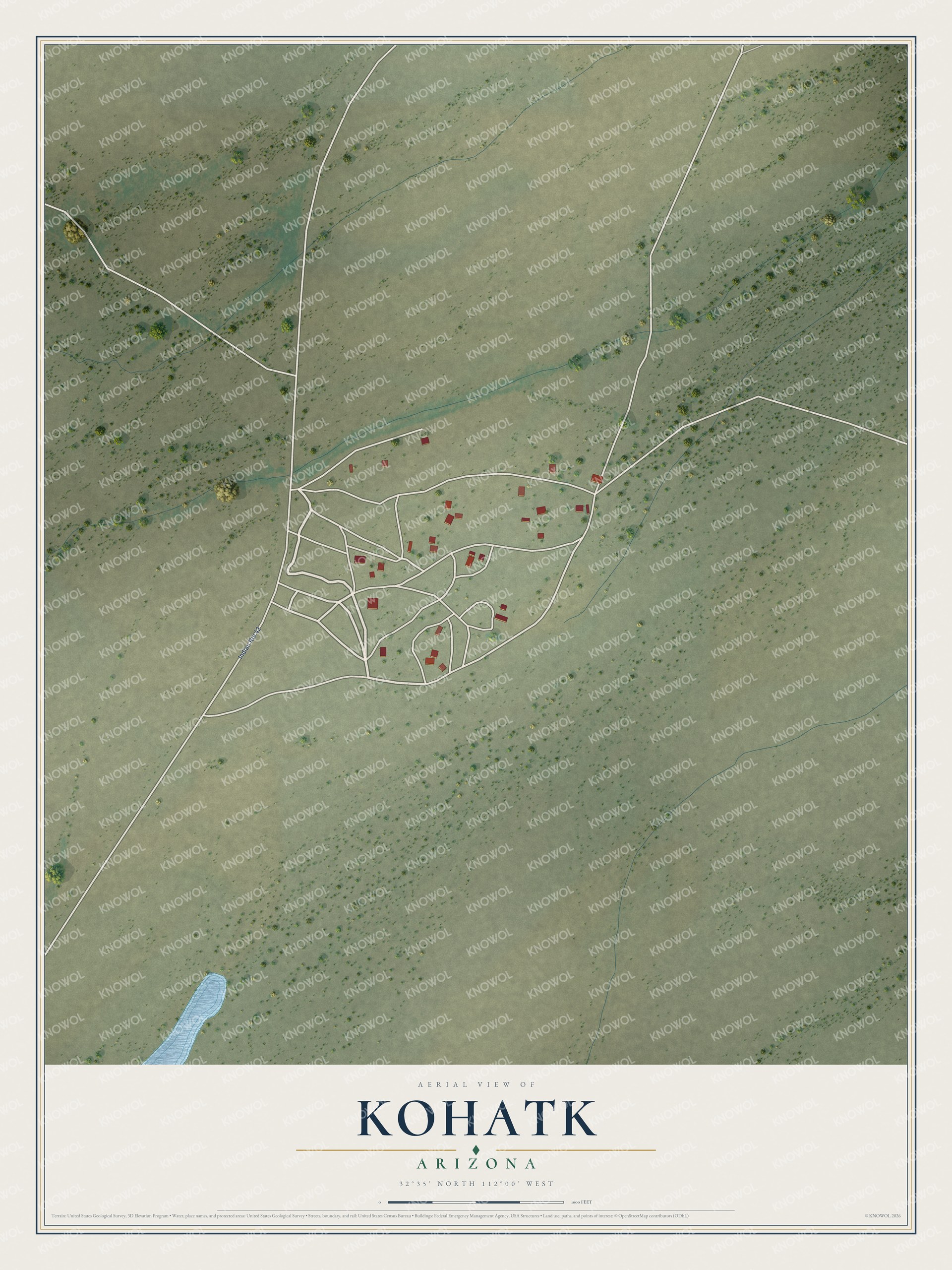 Full map of Kohatk, Arizona, with red buildings, printed street names and the land around them