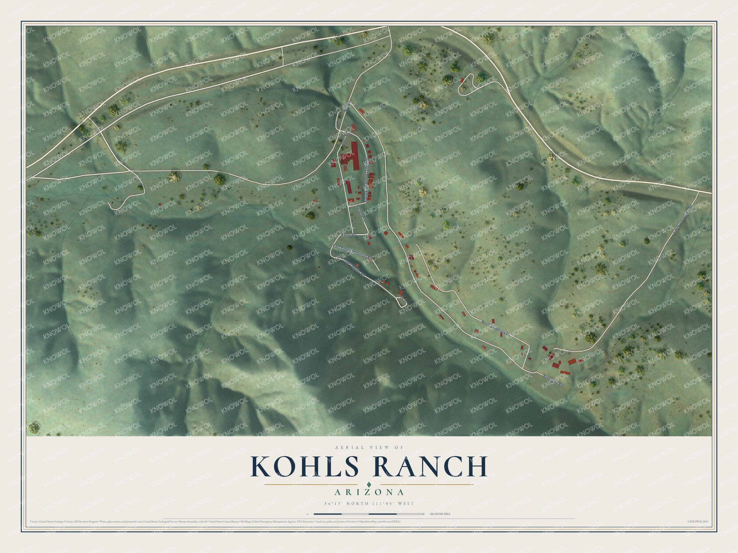 Full map of Kohls Ranch, Arizona, with red buildings, printed street names and the land around them