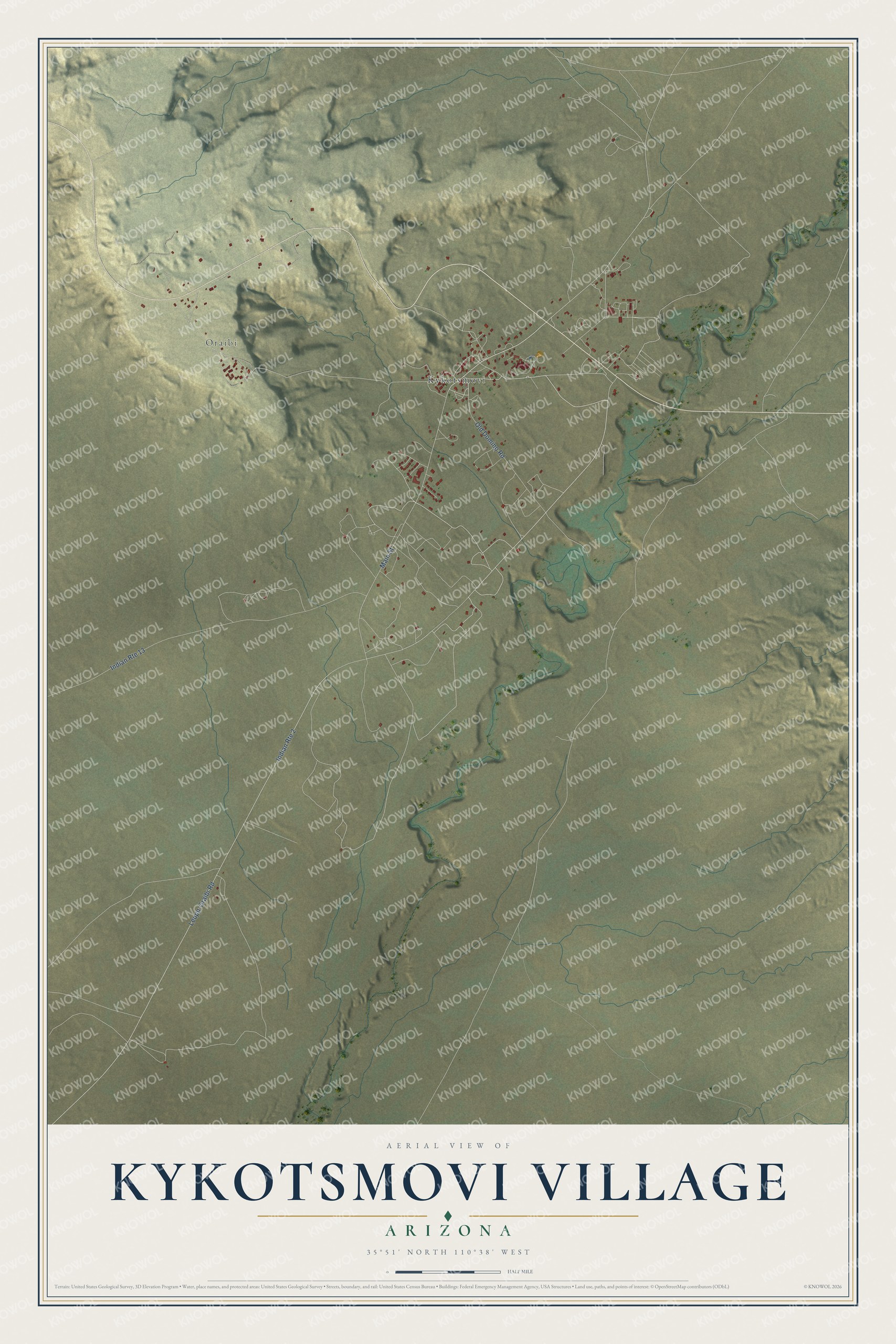 Full map of Kykotsmovi Village, Arizona, with red buildings, printed street names and the land around them
