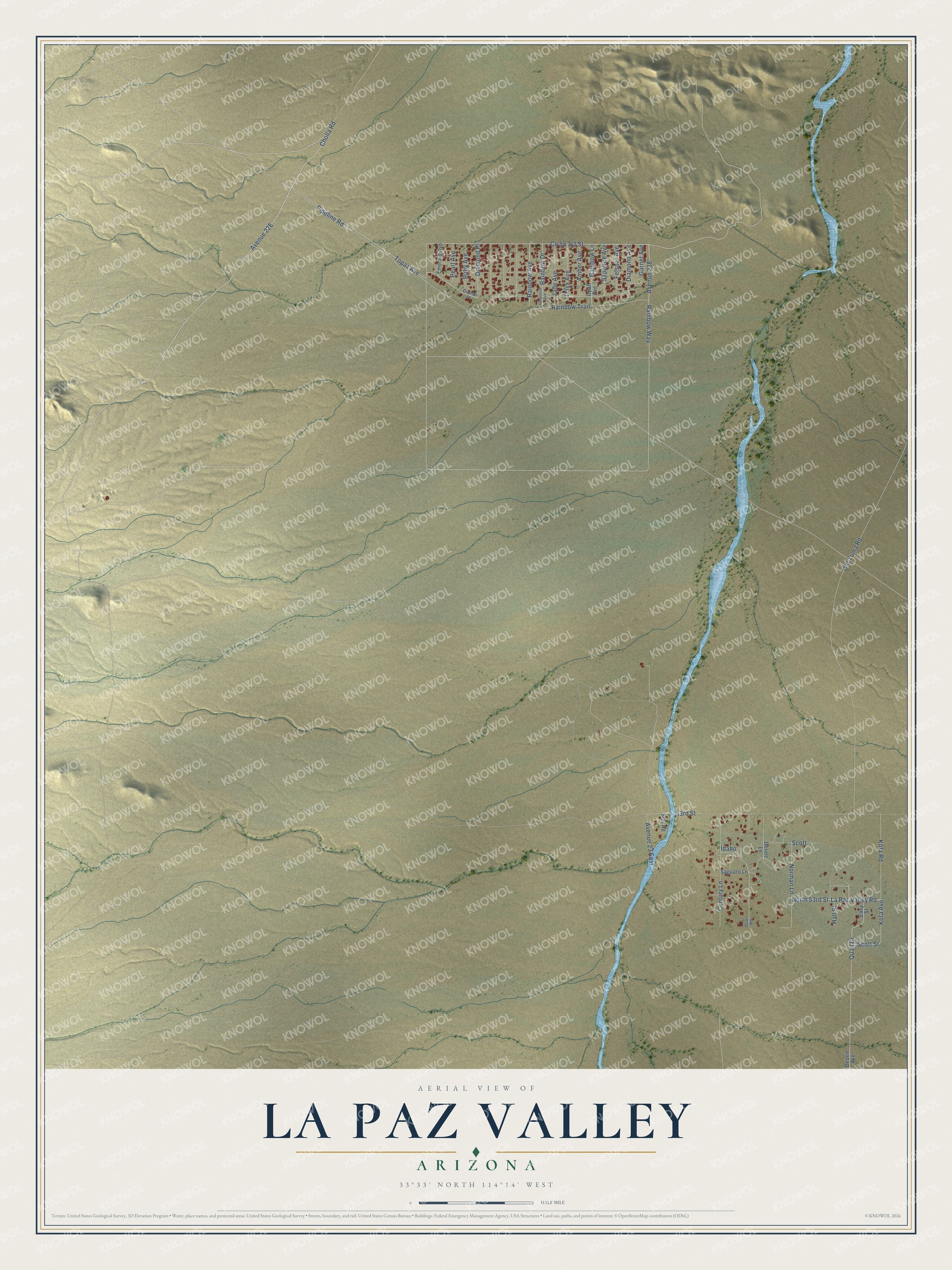 Full map of La Paz Valley, Arizona, with red buildings, printed street names and the land around them