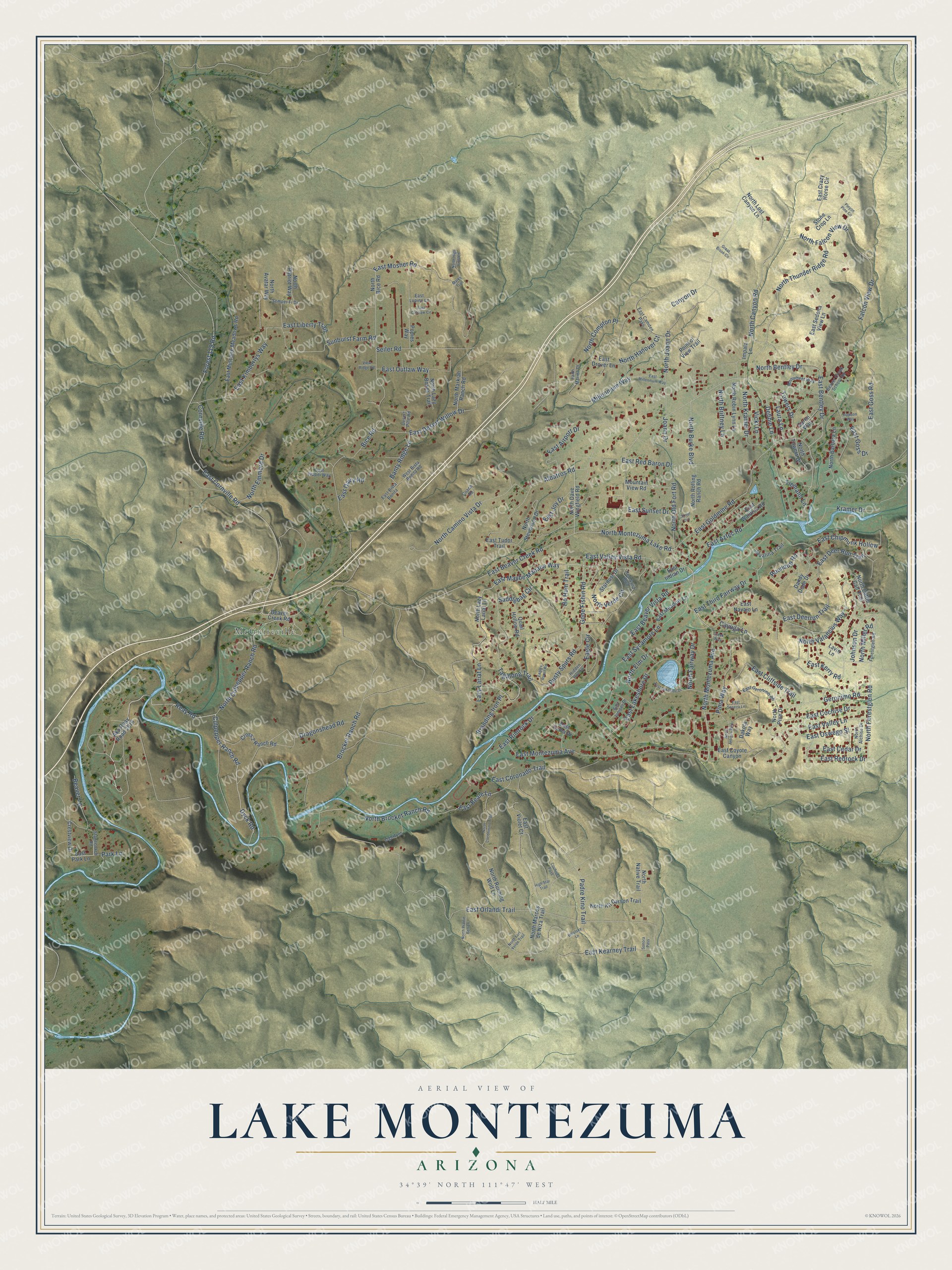 Full map of Lake Montezuma, Arizona, with red buildings, printed street names and the land around them