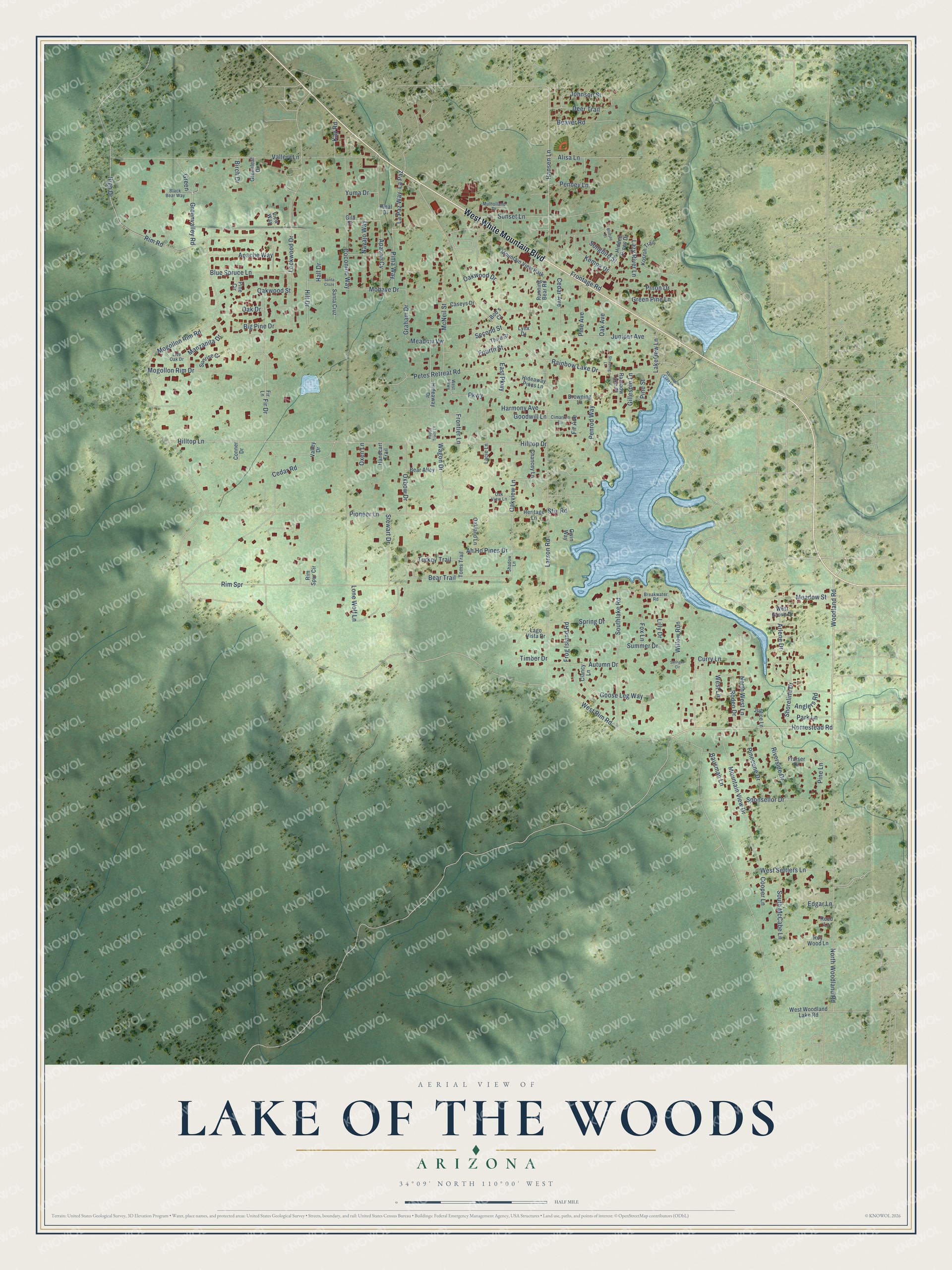 Full map of Lake of the Woods, Arizona, with red buildings, printed street names and the land around them