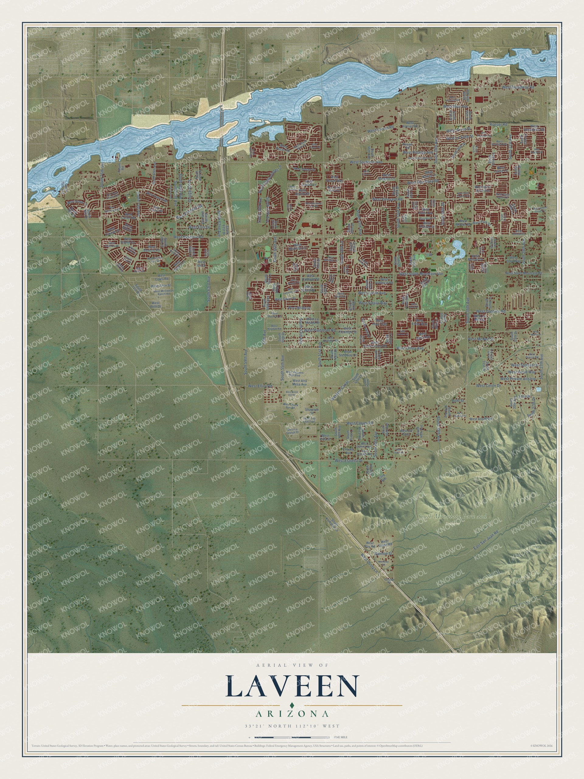 Full map of Laveen, Arizona, with red buildings, printed street names and the land around them