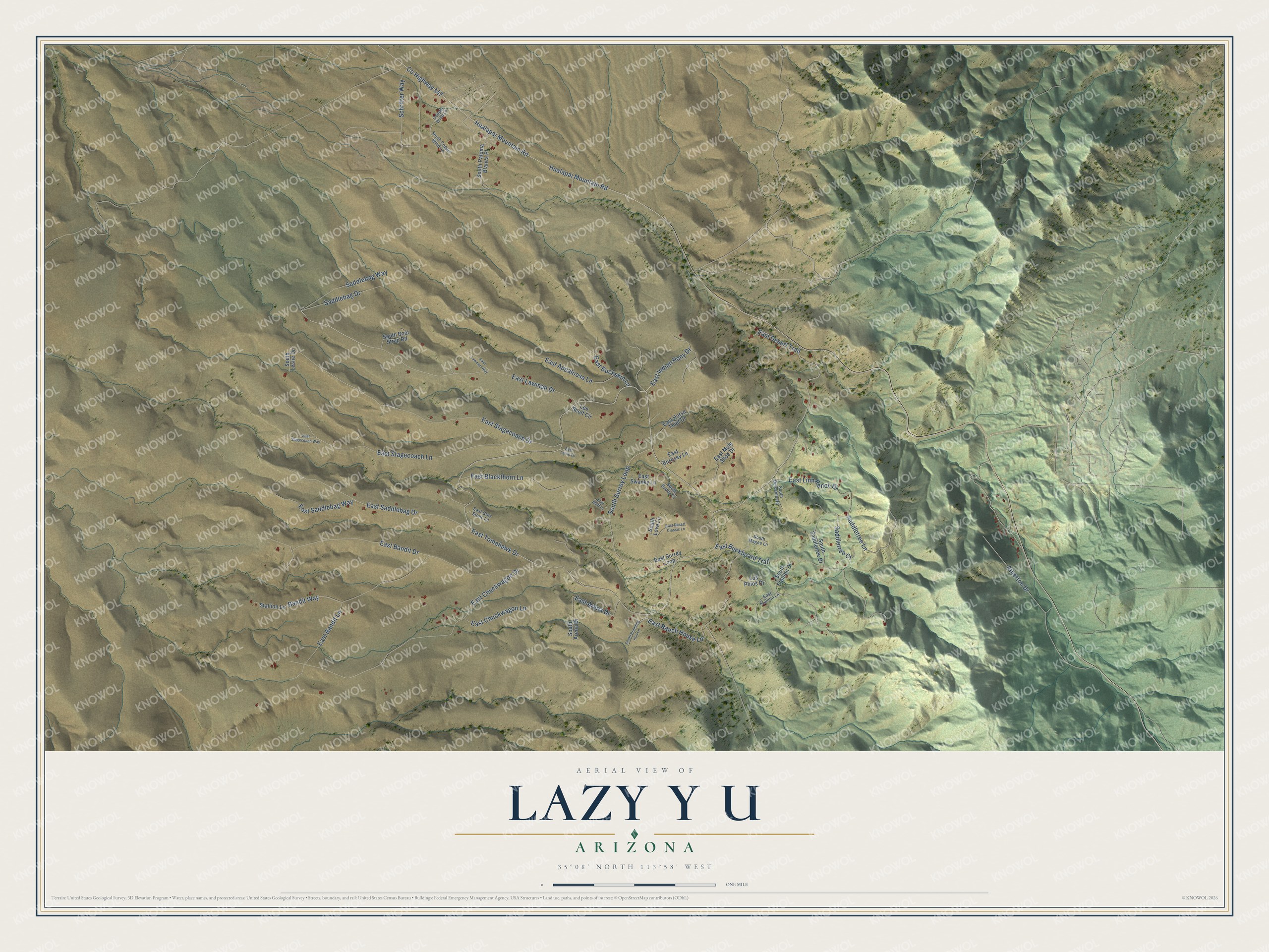 Full map of Lazy Y U, Arizona, with red buildings, printed street names and the land around them