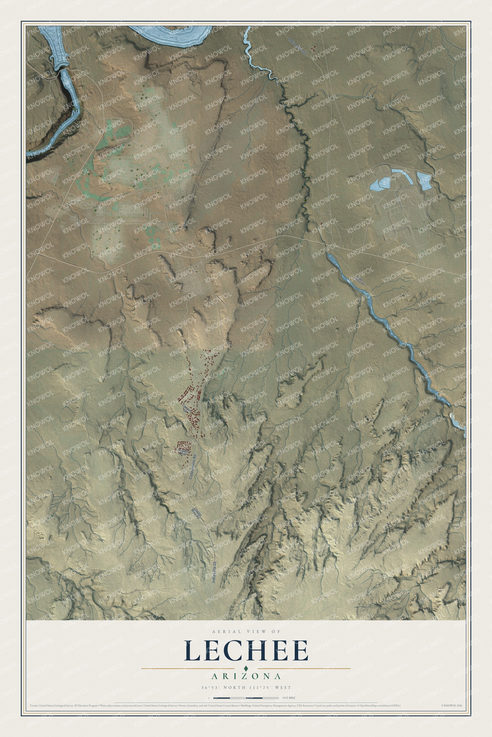 Full map of LeChee, Arizona, with red buildings, printed street names and the land around them