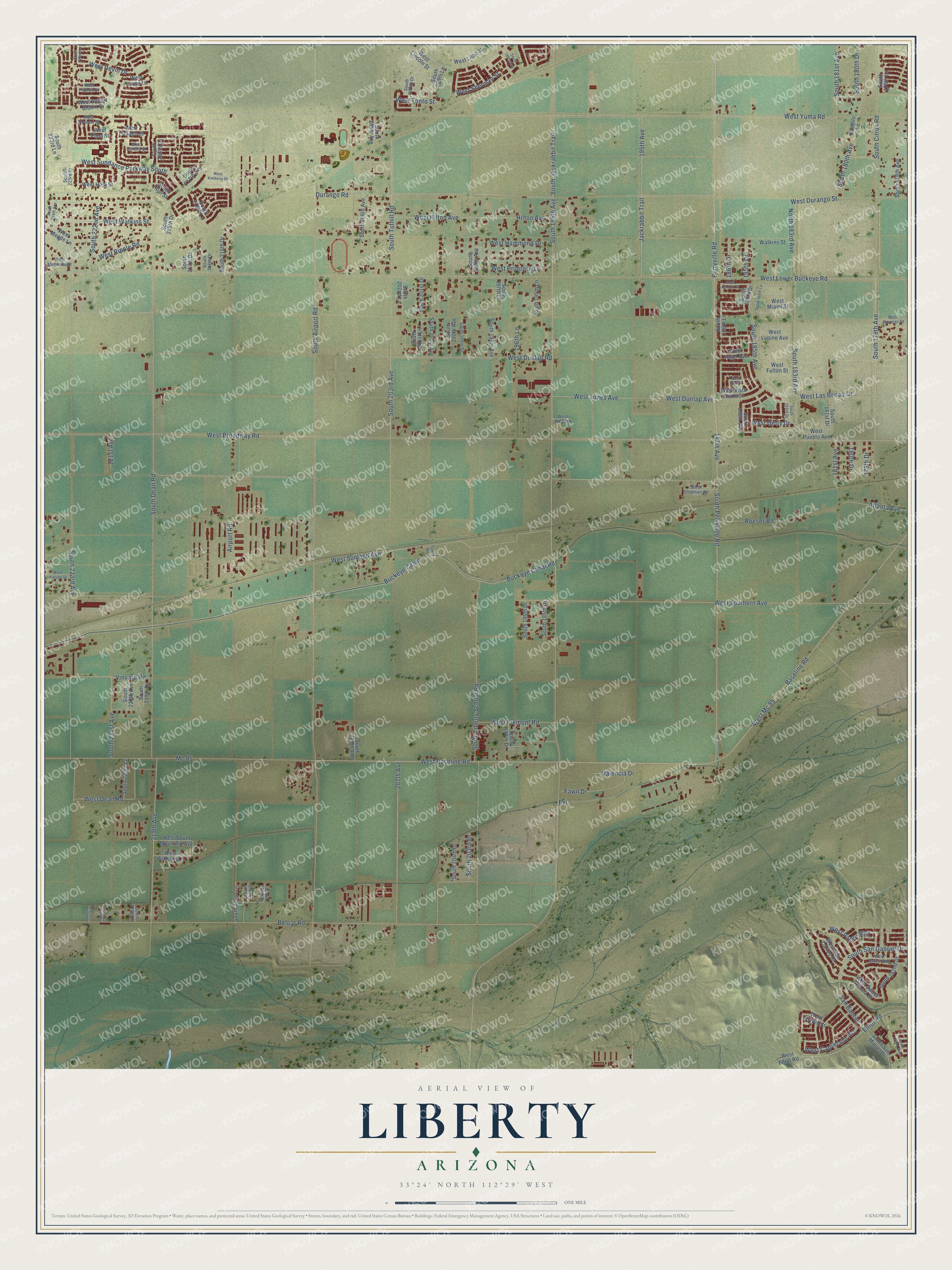 Full map of Liberty, Arizona, with red buildings, printed street names and the land around them