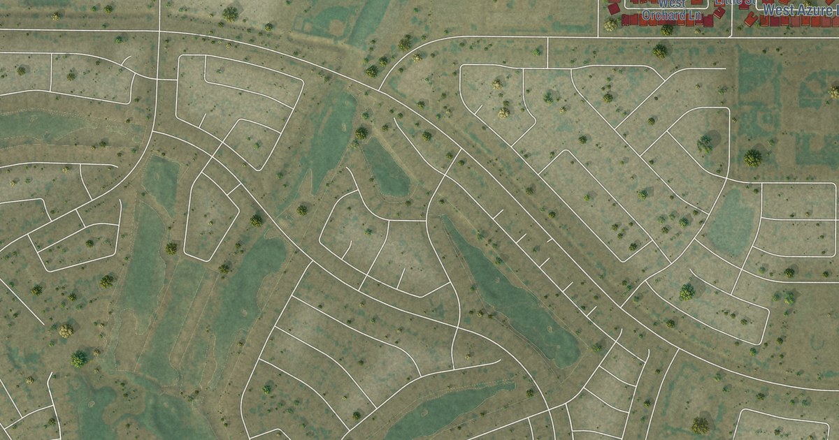 Close-up of streets and buildings in Litchfield Park, Arizona