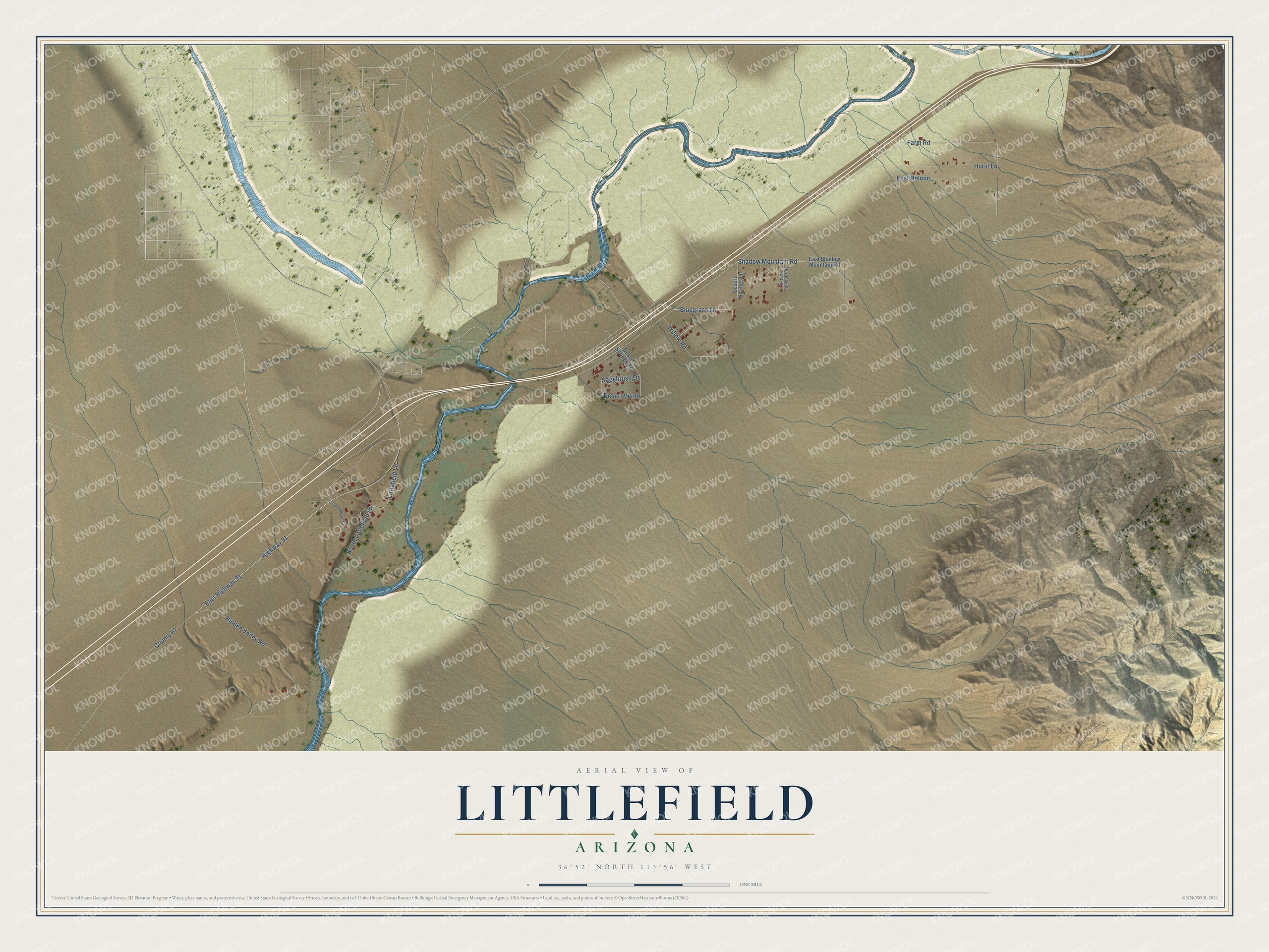Full map of Littlefield, Arizona, with red buildings, printed street names and the land around them
