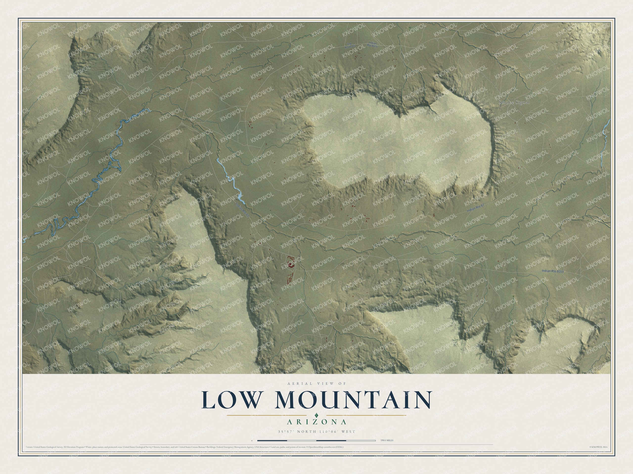 Full map of Low Mountain, Arizona, with red buildings, printed street names and the land around them
