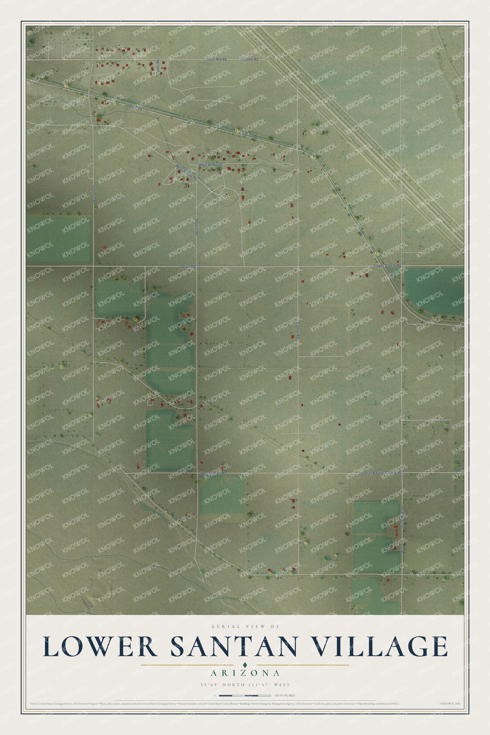 Full map of Lower Santan Village, Arizona, with red buildings, printed street names and the land around them
