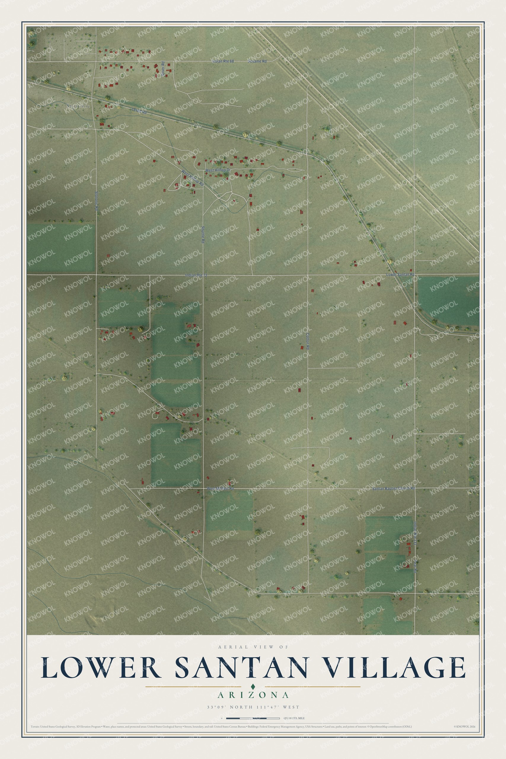 Full map of Lower Santan Village, Arizona, with red buildings, printed street names and the land around them
