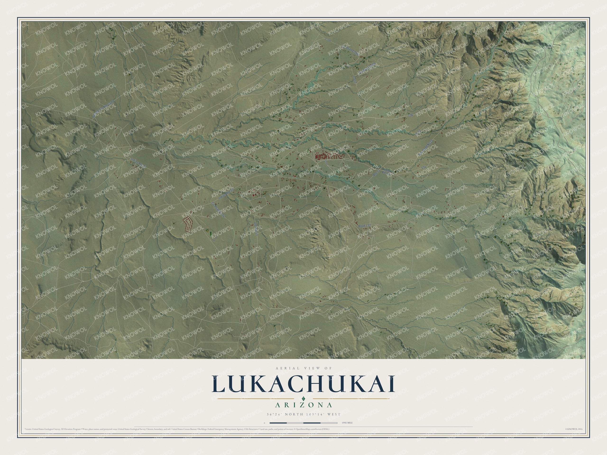 Full map of Lukachukai, Arizona, with red buildings, printed street names and the land around them