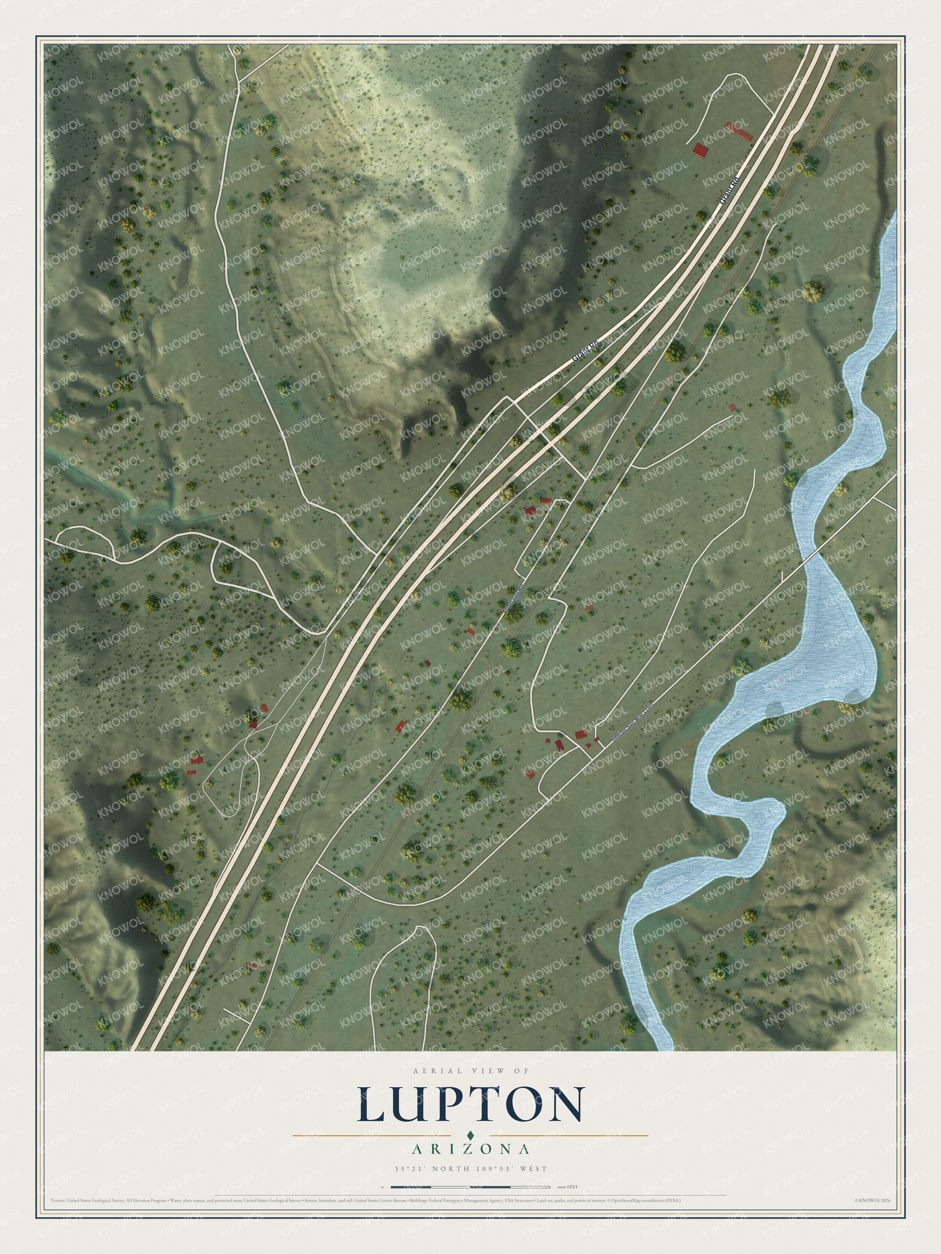 Full map of Lupton, Arizona, with red buildings, printed street names and the land around them