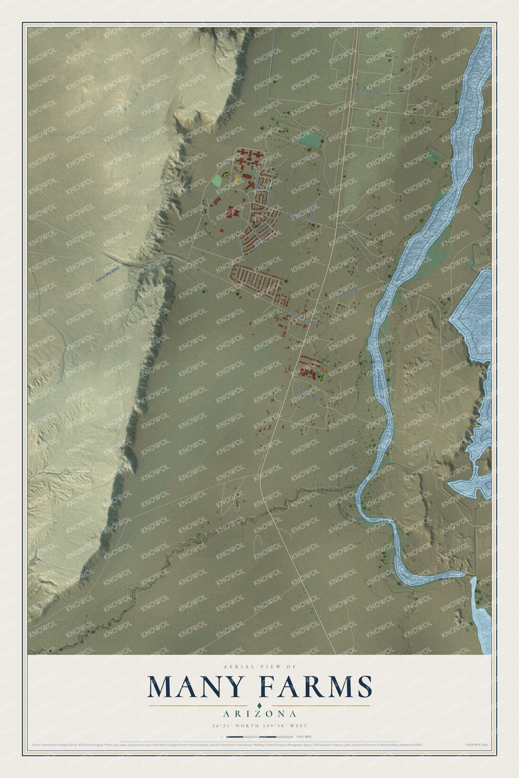 Full map of Many Farms, Arizona, with red buildings, printed street names and the land around them