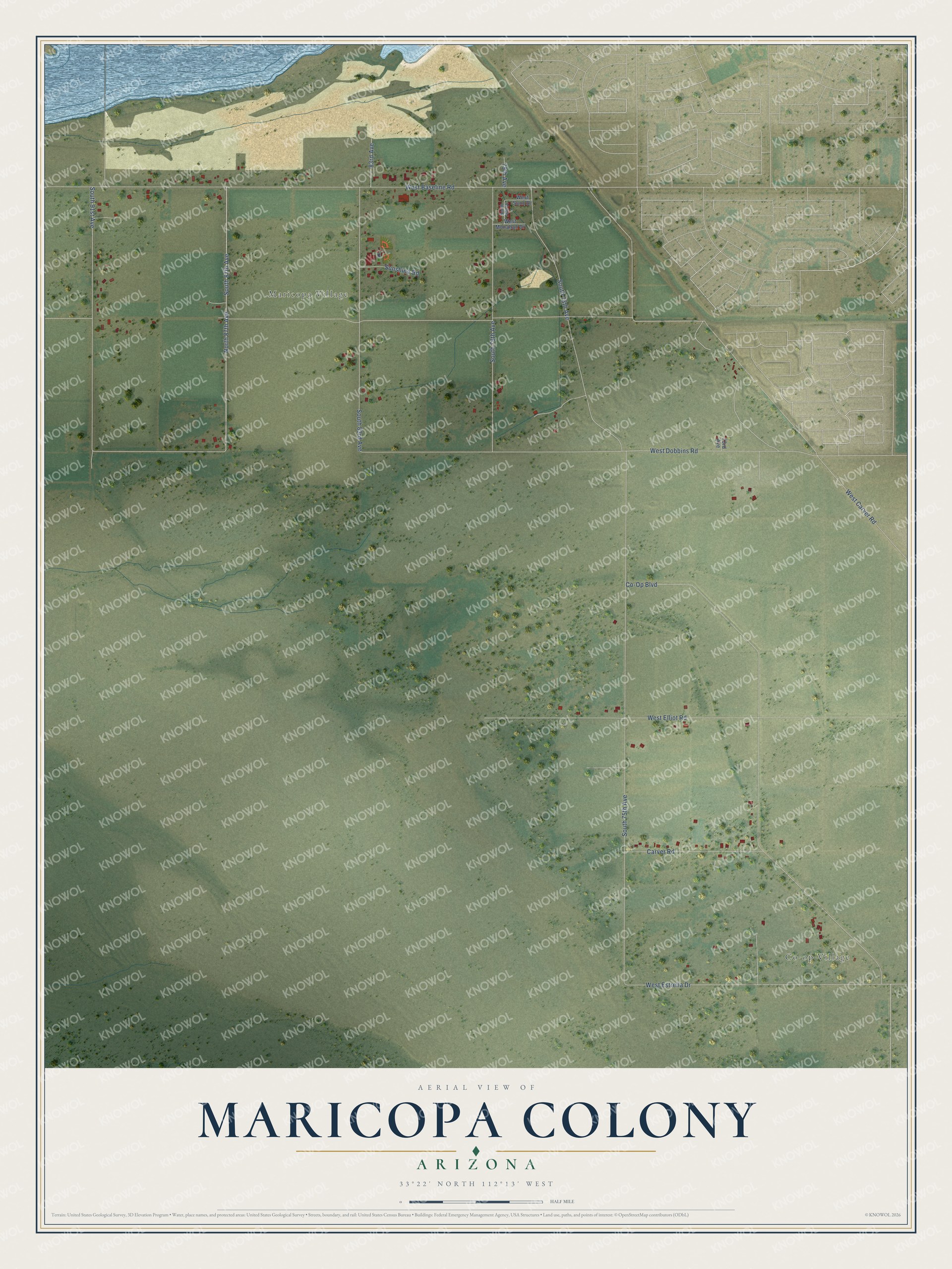 Full map of Maricopa Colony, Arizona, with red buildings, printed street names and the land around them
