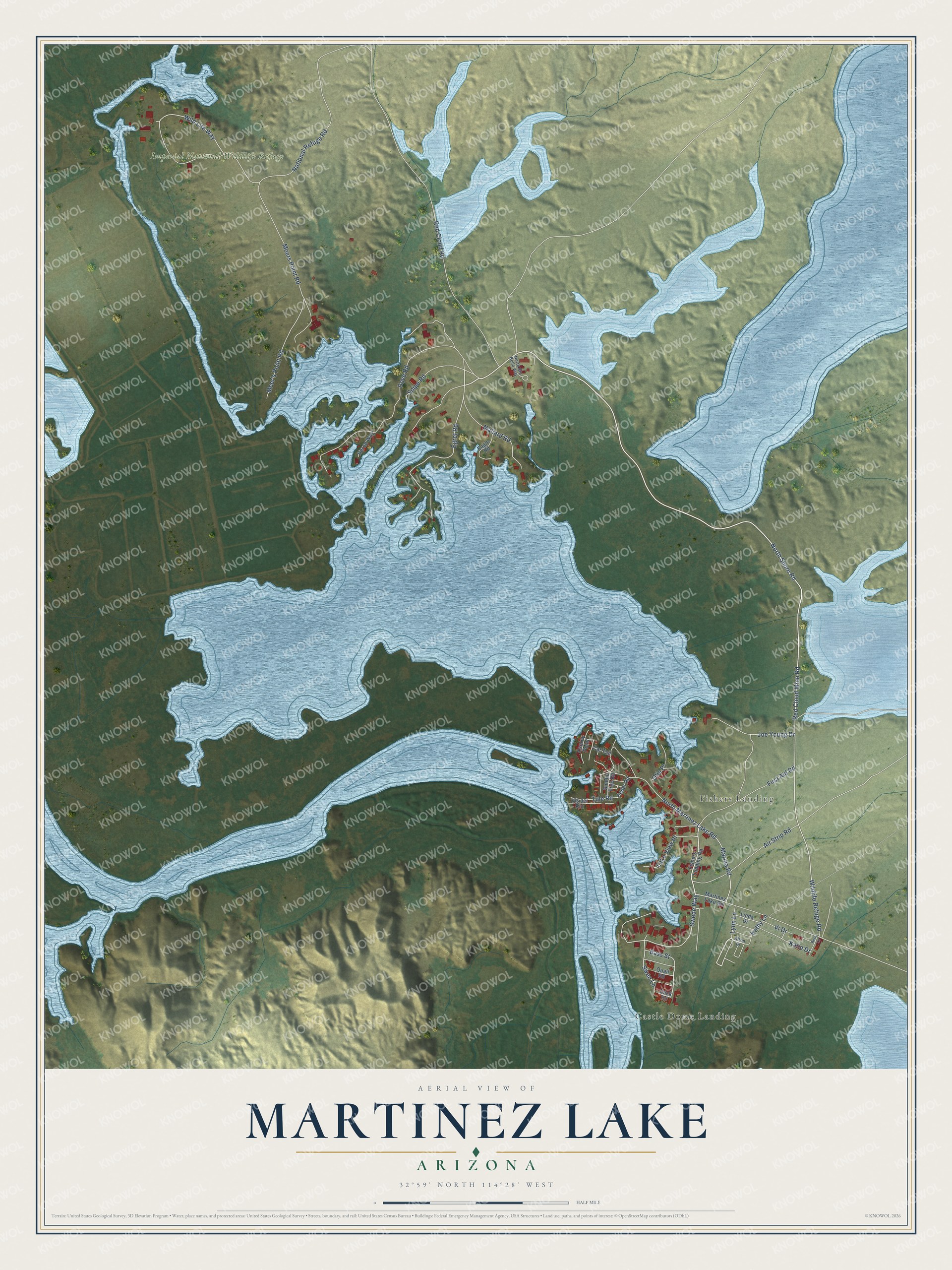 Full map of Martinez Lake, Arizona, with red buildings, printed street names and the land around them