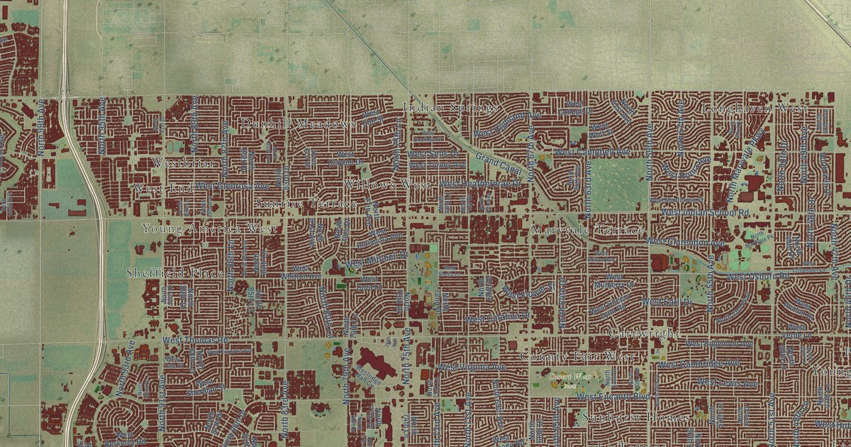 Close-up of streets and buildings in Maryvale, Arizona