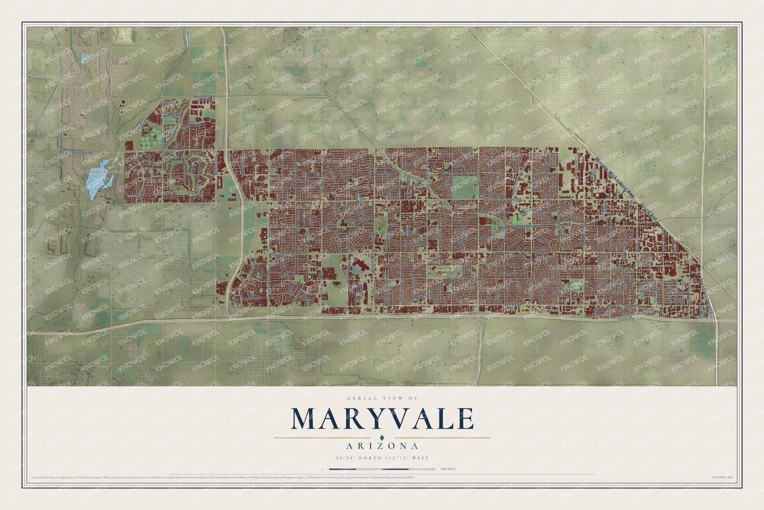 Full map of Maryvale, Arizona, with red buildings, printed street names and the land around them