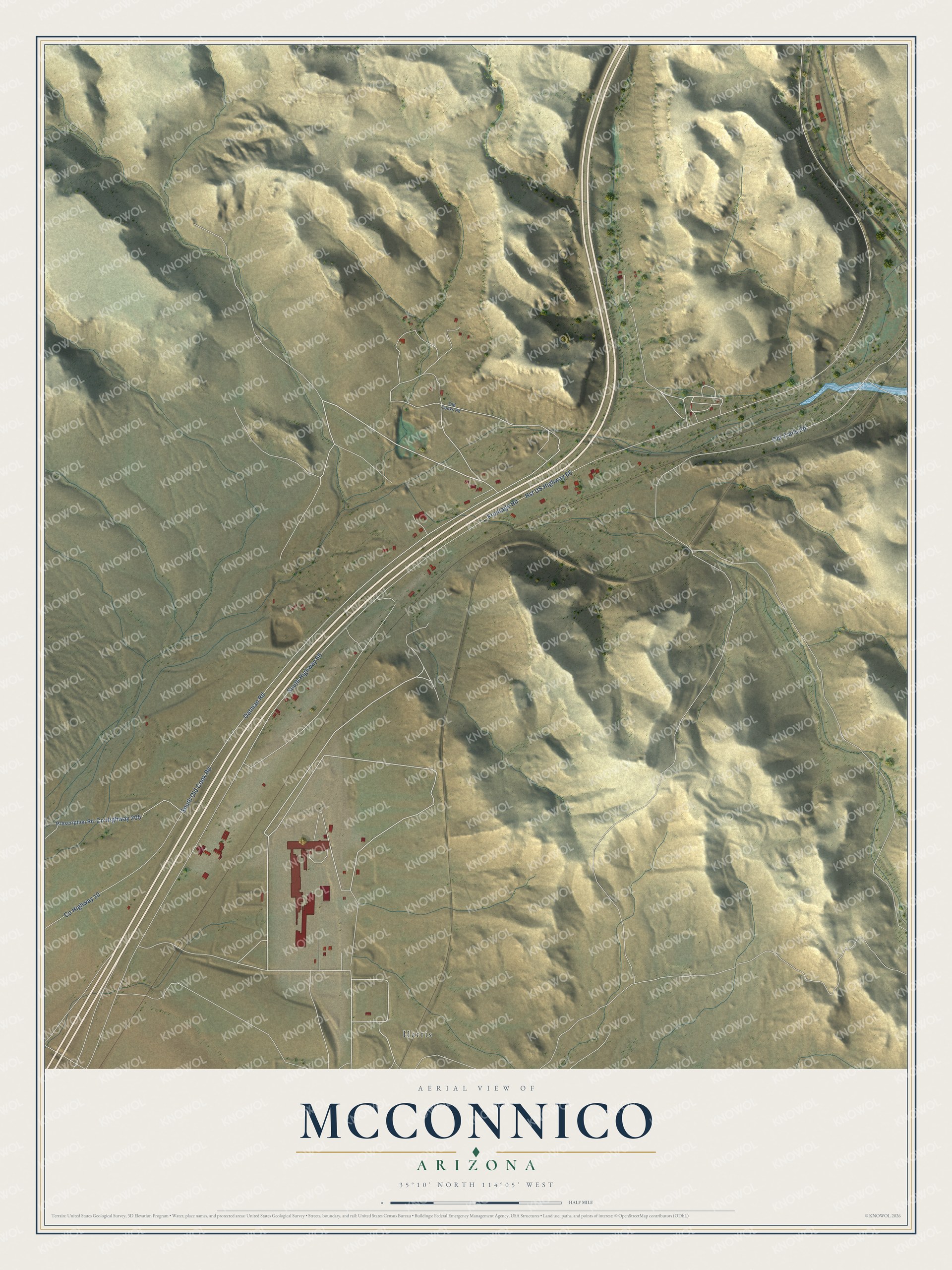 Full map of McConnico, Arizona, with red buildings, printed street names and the land around them