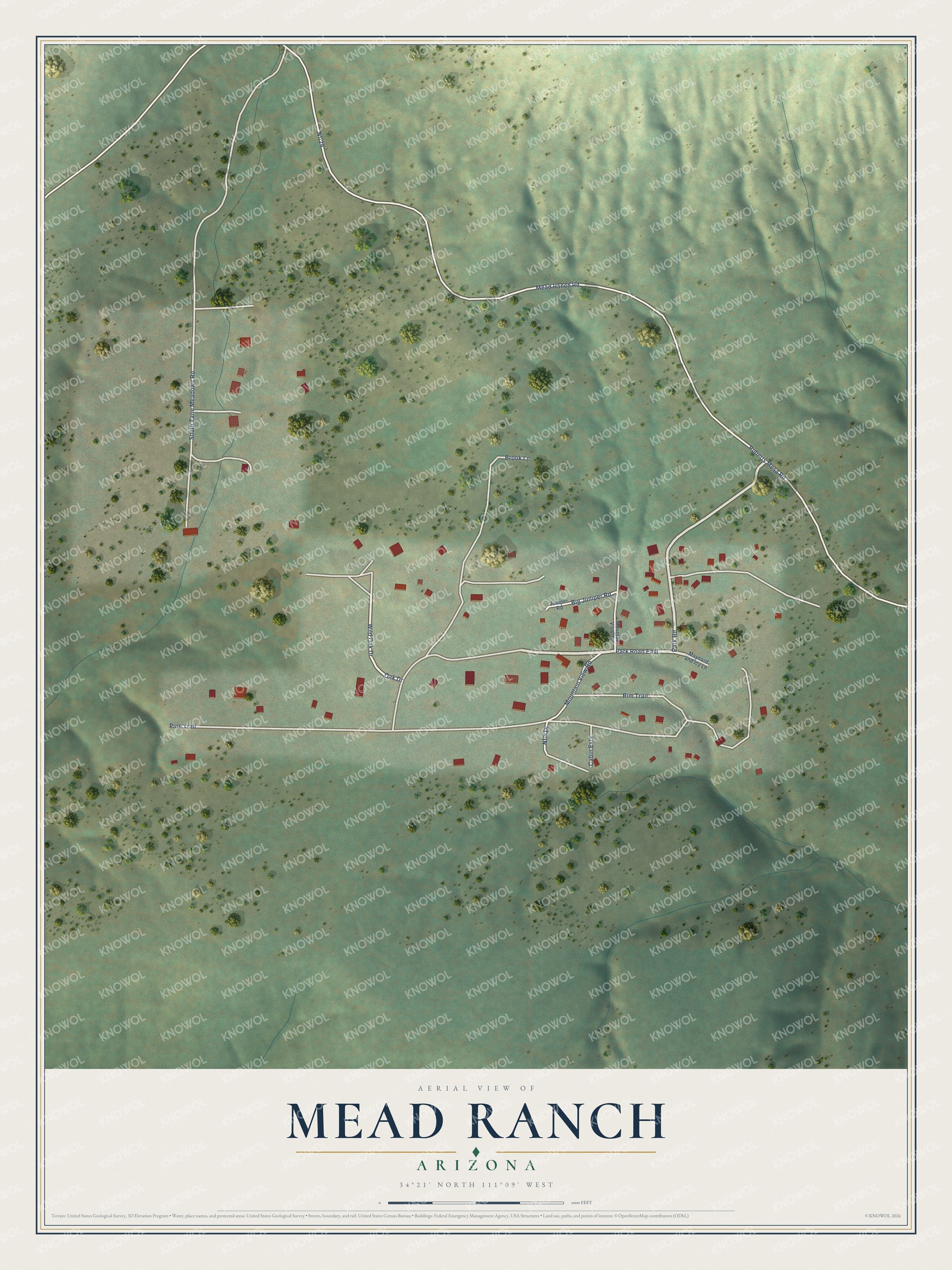 Full map of Mead Ranch, Arizona, with red buildings, printed street names and the land around them