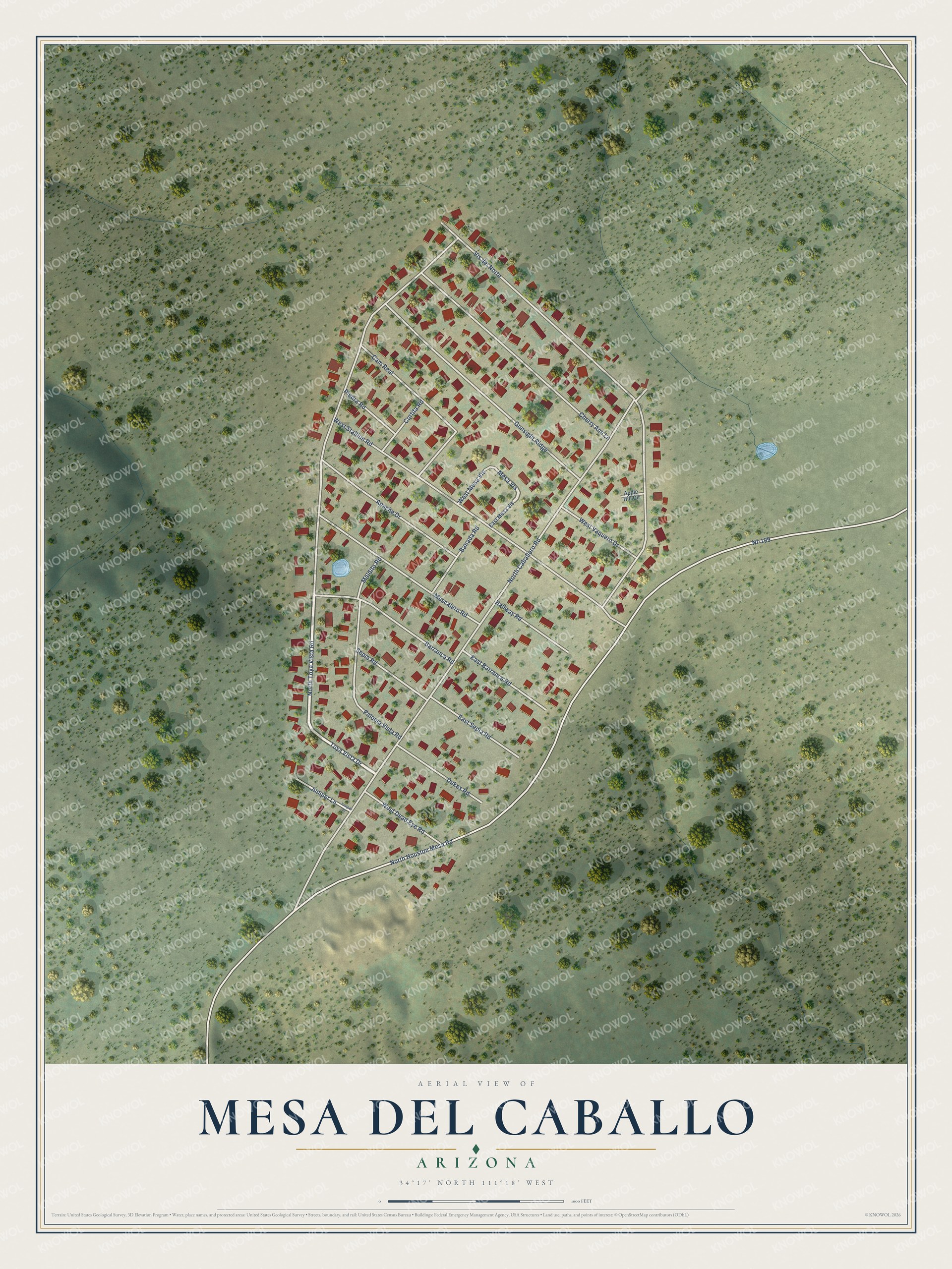 Full map of Mesa del Caballo, Arizona, with red buildings, printed street names and the land around them