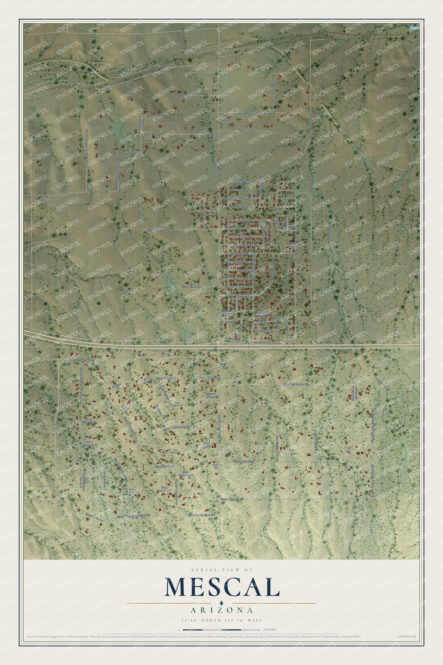 Full map of Mescal, Arizona, with red buildings, printed street names and the land around them