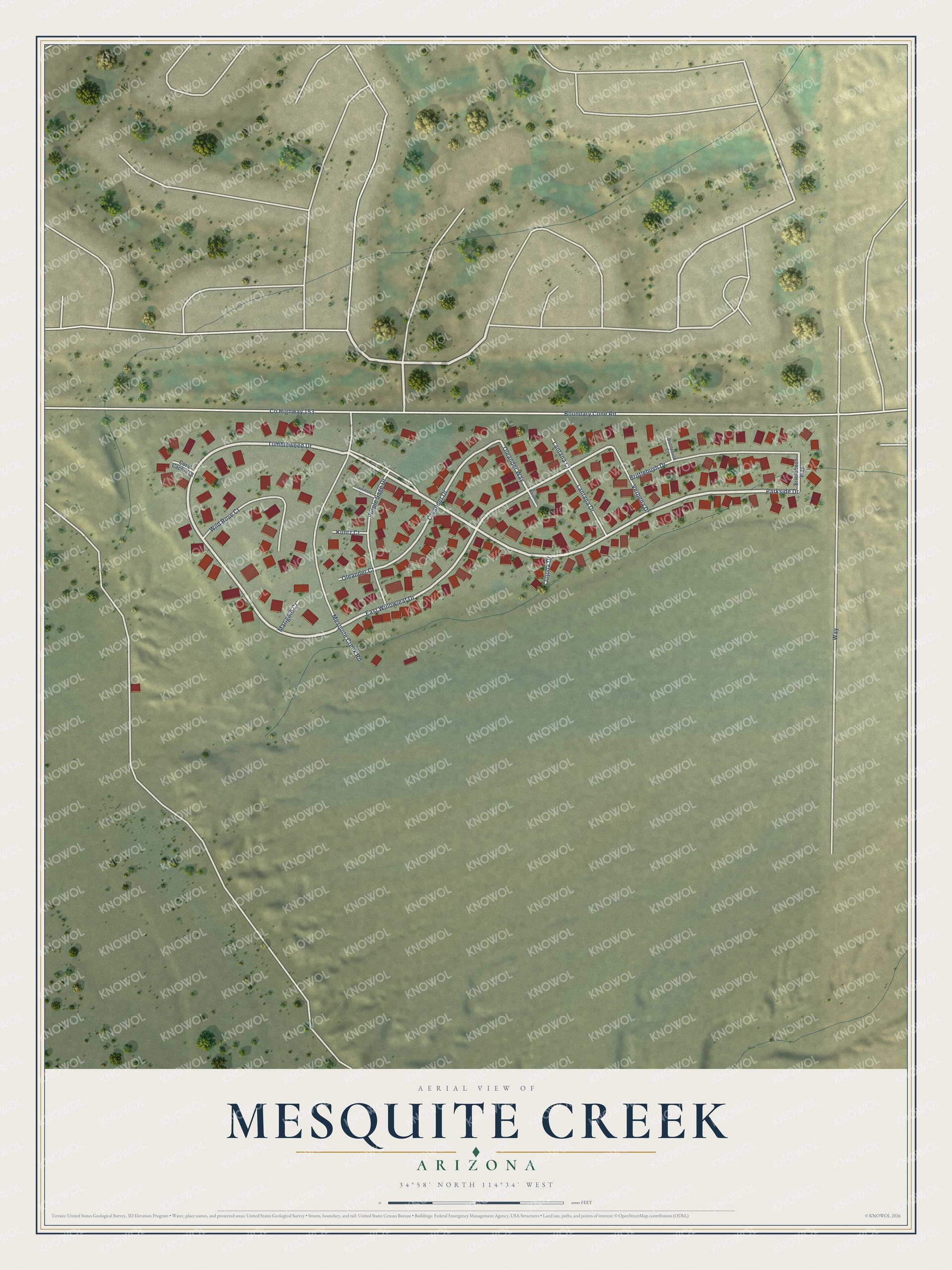 Full map of Mesquite Creek, Arizona, with red buildings, printed street names and the land around them