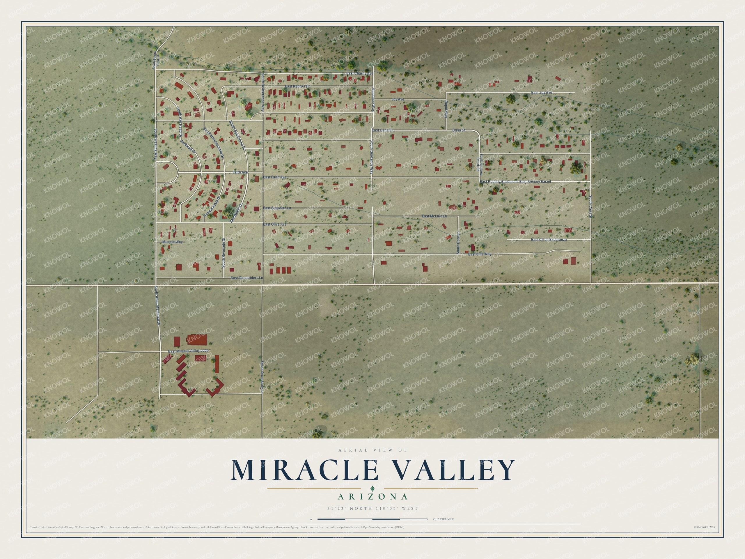 Full map of Miracle Valley, Arizona, with red buildings, printed street names and the land around them